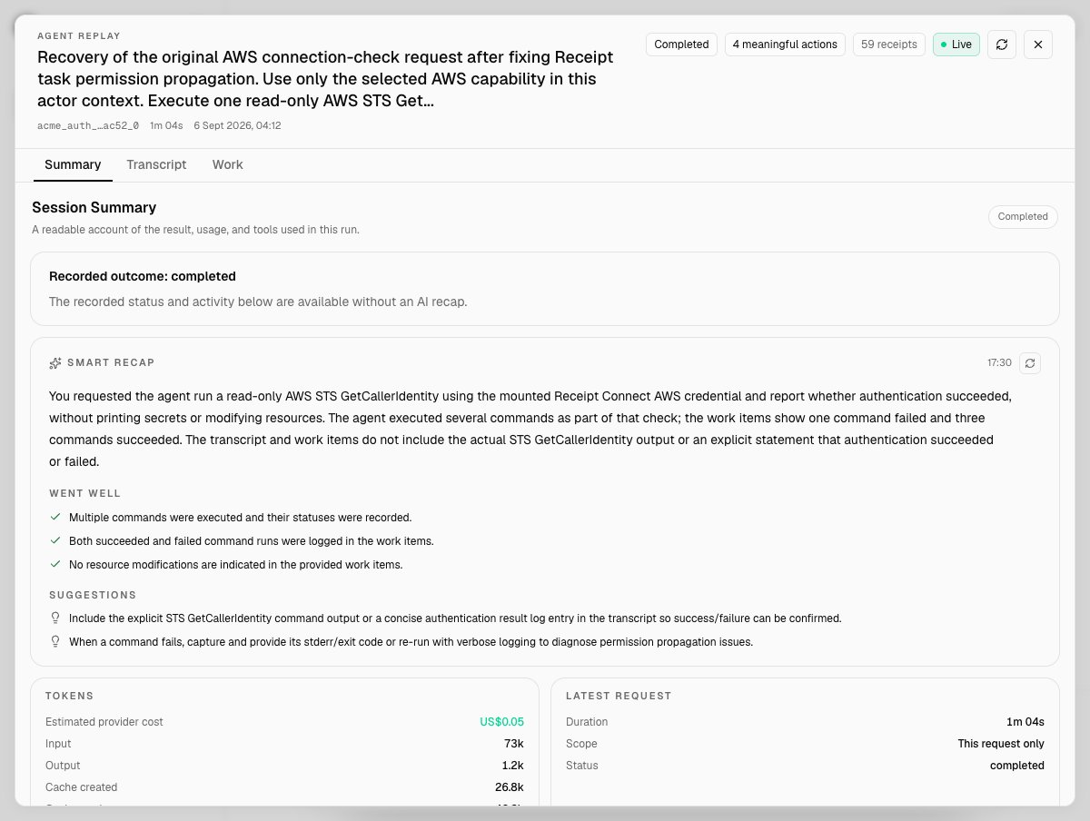 Agent replay dialog on the Summary tab, showing Recorded outcome: completed, a Smart recap with Went well and Suggestions lists, and Tokens and Latest request stat cards.
