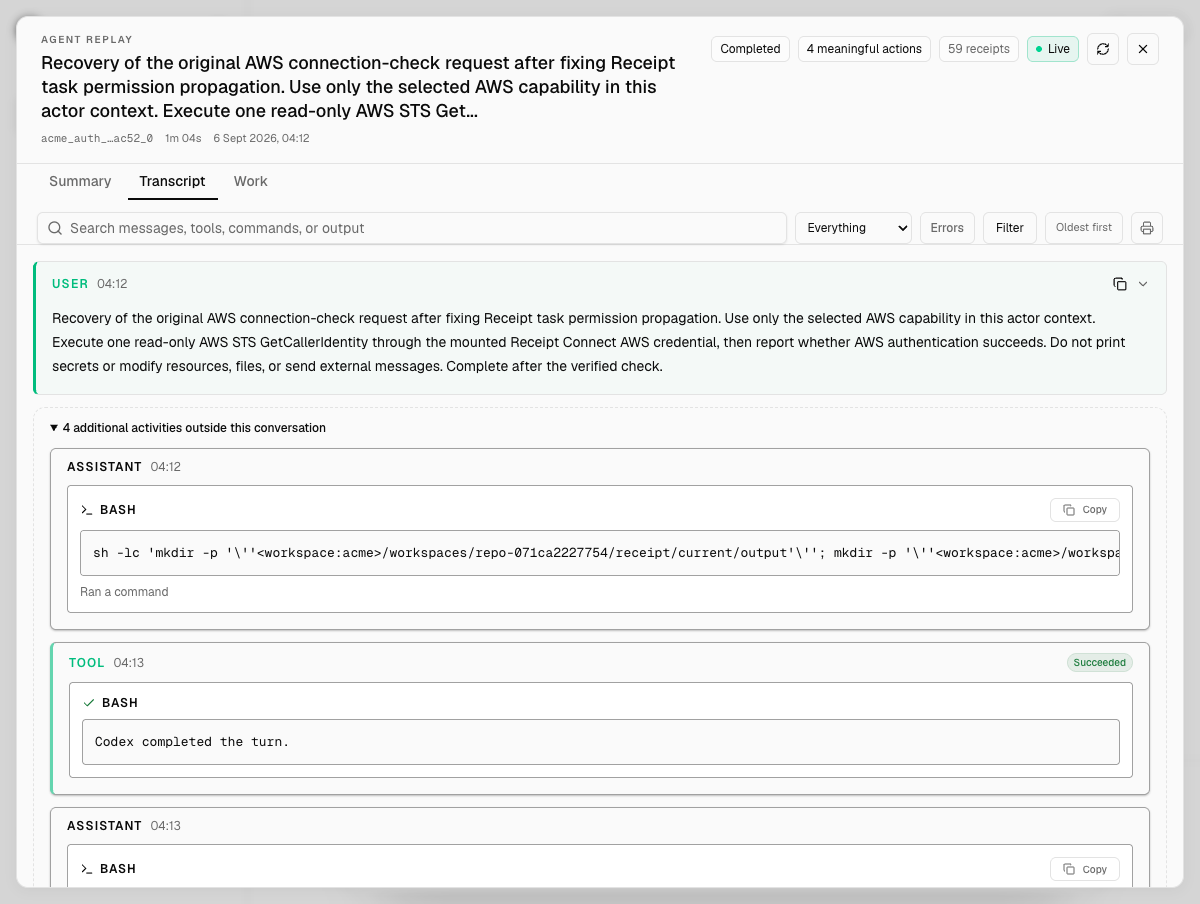 The Agent replay dialog open on the Transcript tab, showing a user message about an AWS connection check, a bash command the assistant ran inside the workspace computer, and a tool entry marked Succeeded.