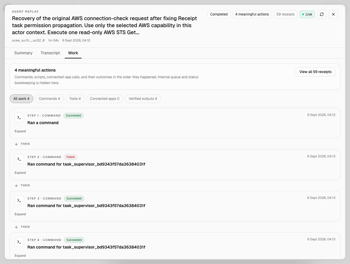 Agent replay dialog on the Work tab, listing four command steps with Succeeded and Failed badges, filter chips reading All work 4, Commands 4, Tools 4, Connected apps 0 and Verified outputs 4.