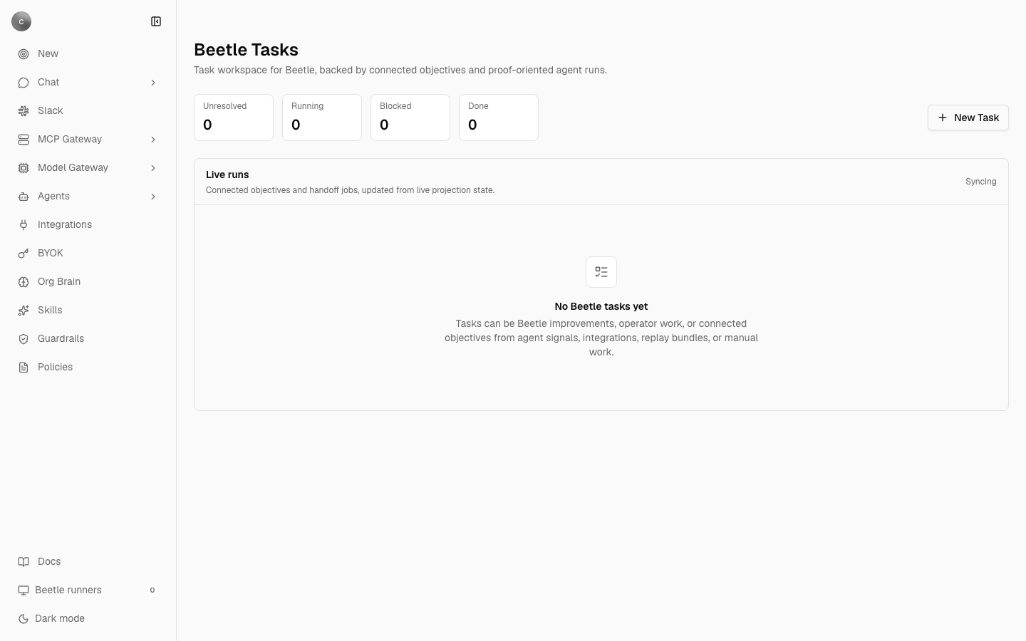 The Beetle Tasks page with Unresolved, Running, Blocked and Done tiles all at zero, a New Task button, and an empty Live runs list reading No Beetle tasks yet.