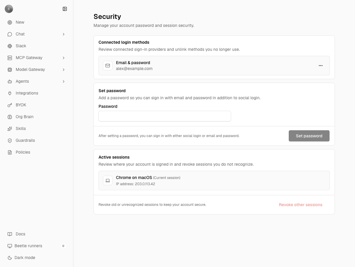 The Security settings page listing an Email and password login method, a Set password panel, and an Active sessions list with a Revoke other sessions action.