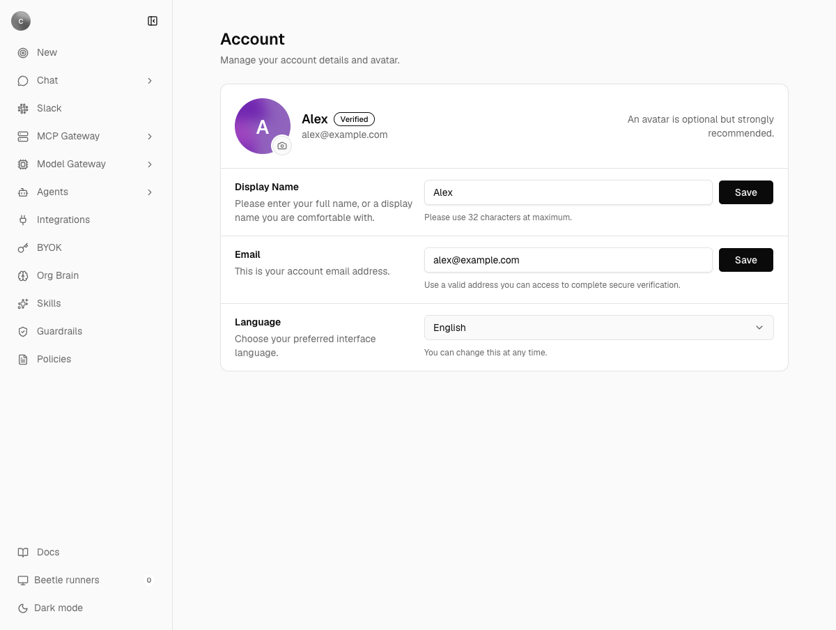 The Account settings page showing an avatar over the name Alex with a Verified badge, a Display Name field and an Email field each followed by a Save button, and a Language select set to English with no save control.