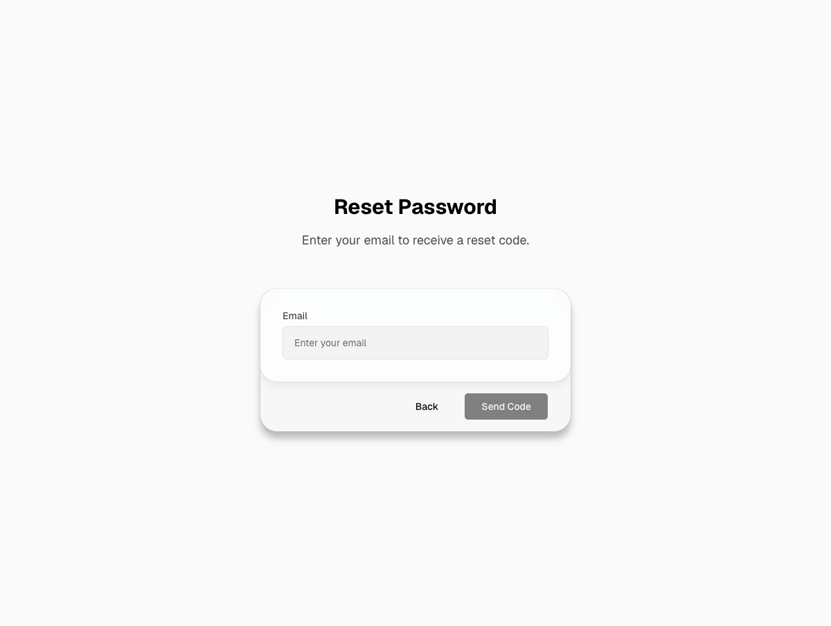 The Reset Password page, headed 'Enter your email to receive a reset code', with an empty Email field above Back and Send Code buttons.