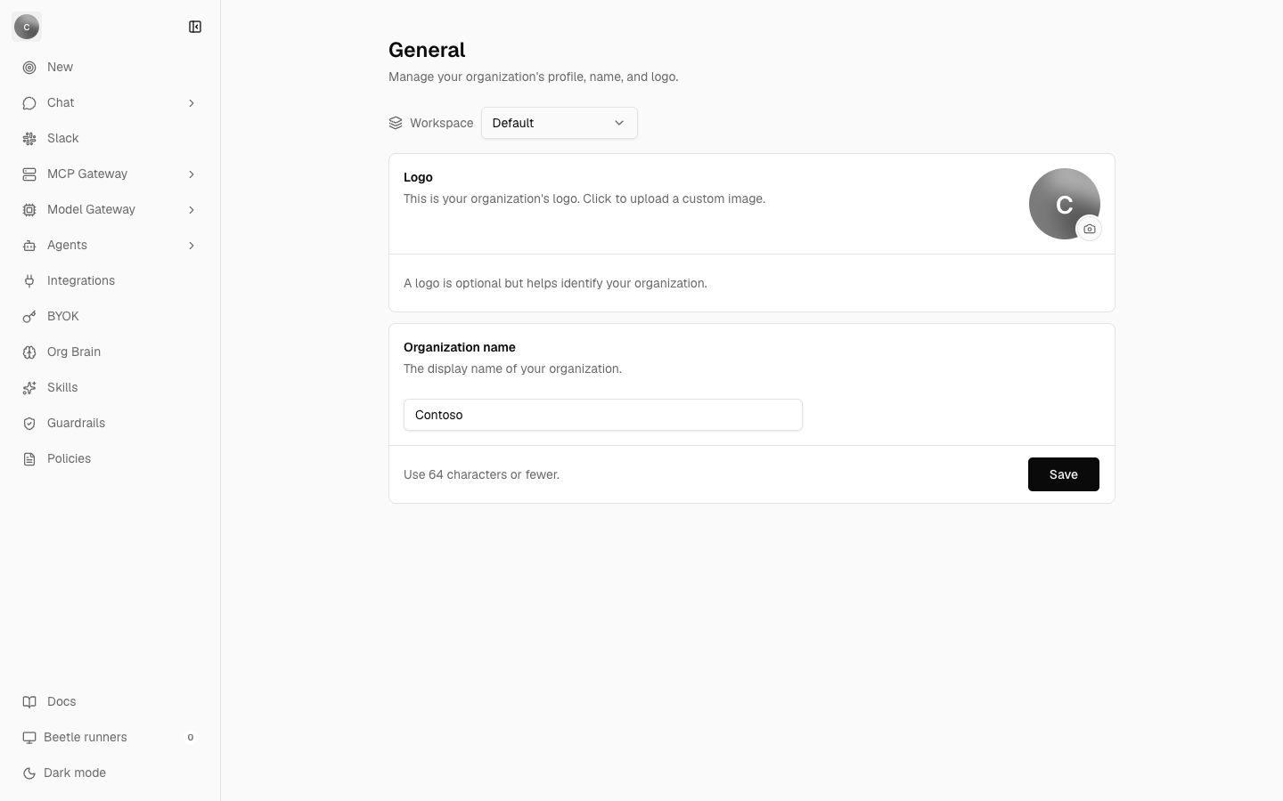 The General settings page showing a Workspace selector set to Default, a Logo card with a circular avatar and a camera button, and an Organization name card containing a text field and a Save button.