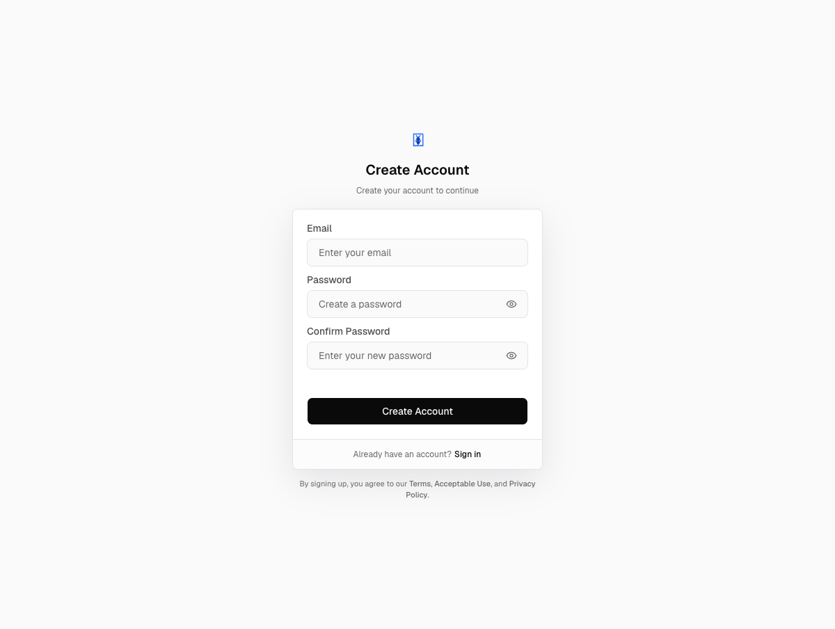 The Create Account page with Email, Password and Confirm Password fields above a Create Account button.