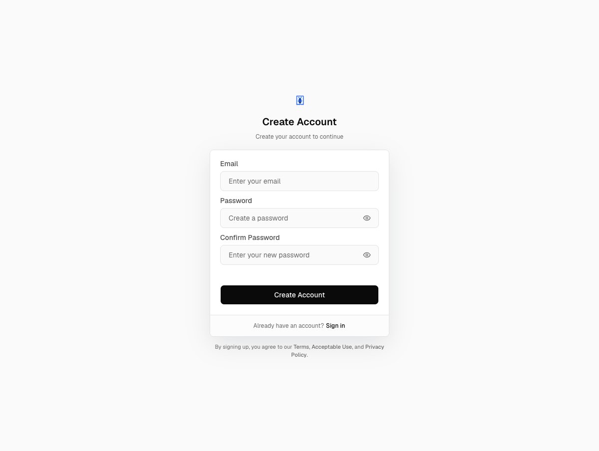 The Create Account page with Email, Password and Confirm Password fields above a Create Account button.
