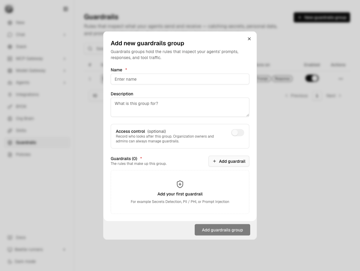 The Add new guardrails group dialog with Name and Description fields, a collapsed Access control section with a toggle, an empty Guardrails (0) section prompting to add the first guardrail, and an Add guardrails group button.