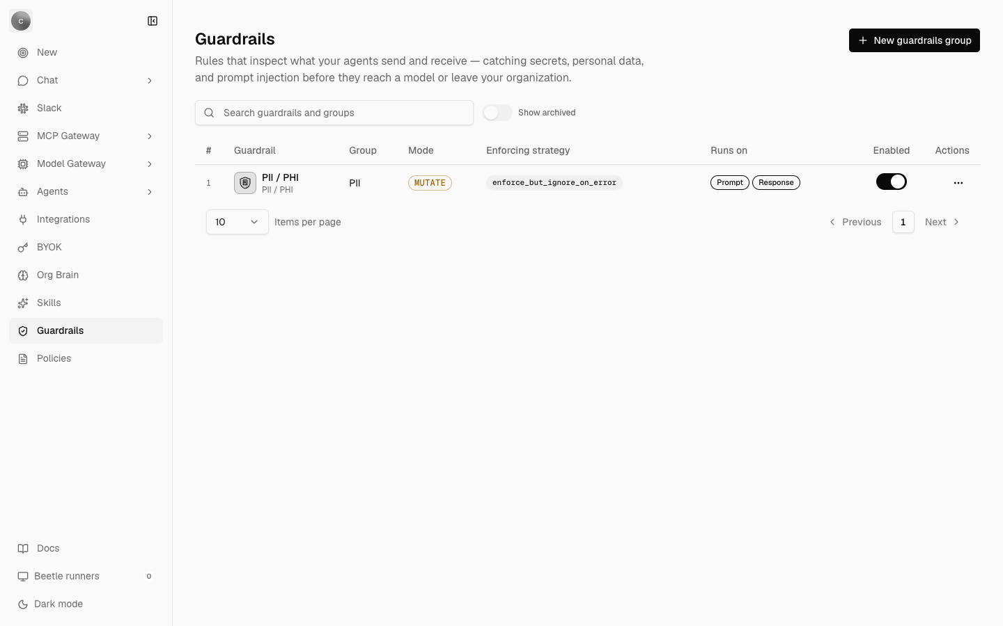 The Guardrails settings page showing one PII / PHI guardrail in a group named PII, with a MUTATE mode badge, an enforce_but_ignore_on_error strategy badge, Prompt and Response stage badges, and an enabled switch.