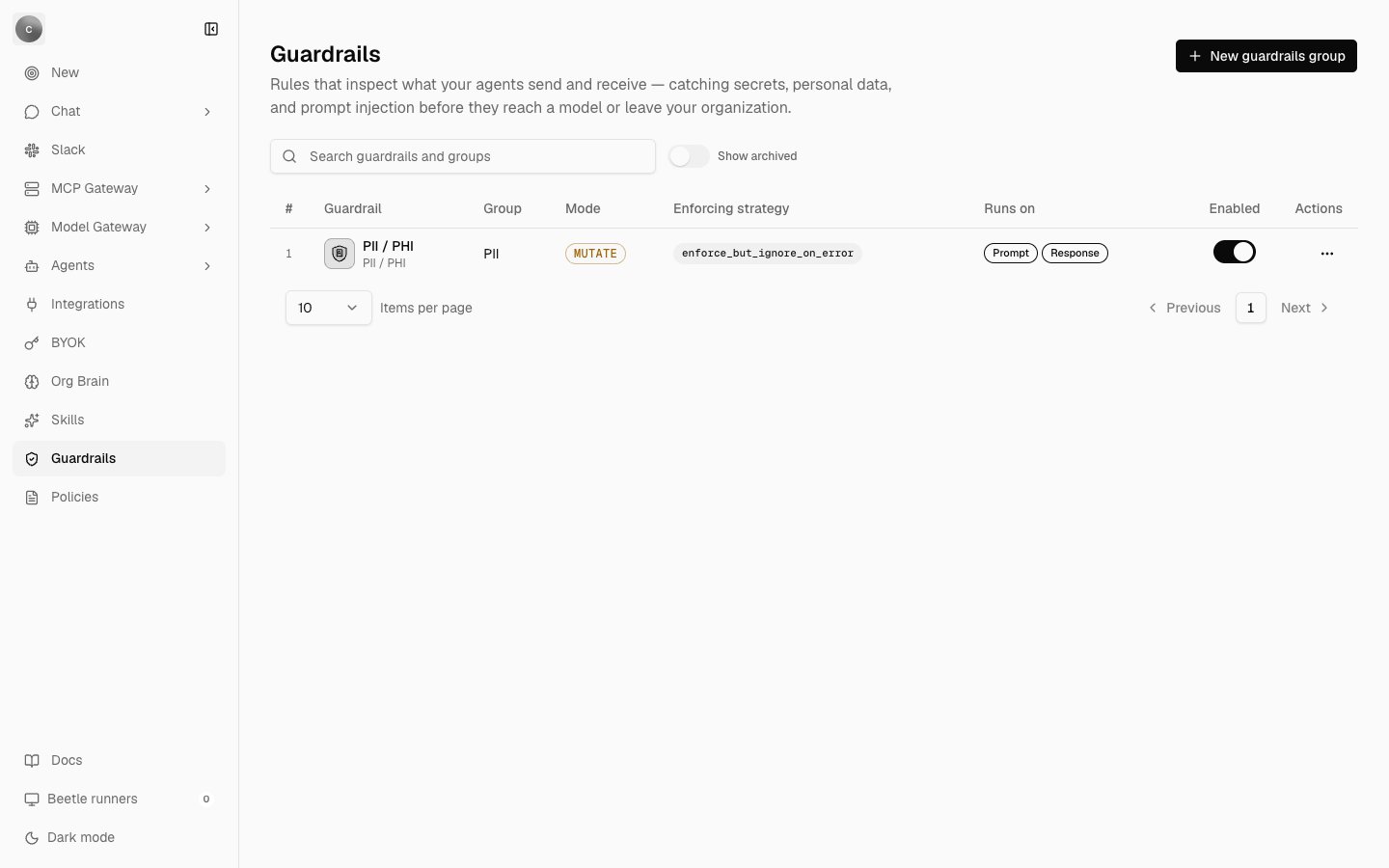 The Guardrails settings page showing one PII / PHI guardrail in a group named PII, with a MUTATE mode badge, an enforce_but_ignore_on_error strategy badge, Prompt and Response stage badges, and an enabled switch.