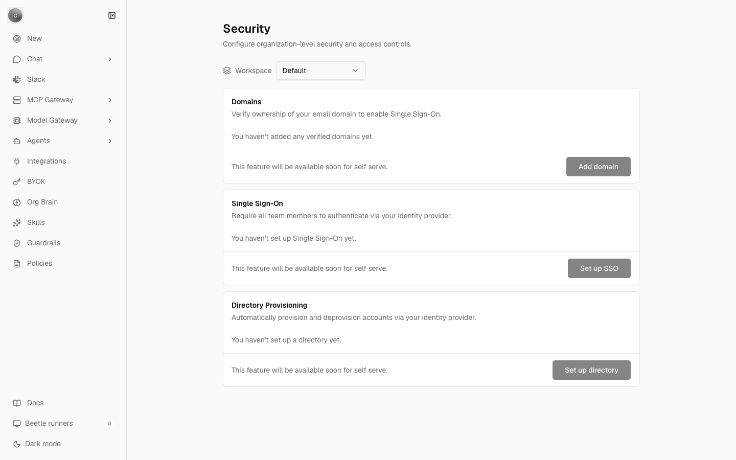 The Security page in organization settings, showing the Domains, Single Sign-On and Directory Provisioning cards with greyed-out Add domain, Set up SSO and Set up directory buttons.