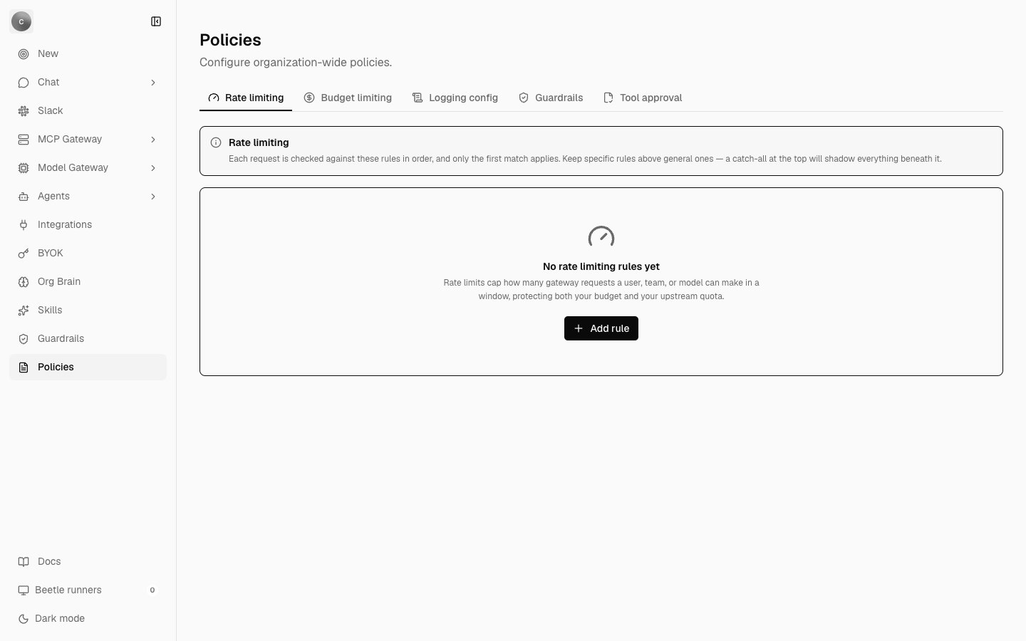 The Policies page in organization settings, on the Rate limiting tab, showing the module description and an empty state reading No rate limiting rules yet.