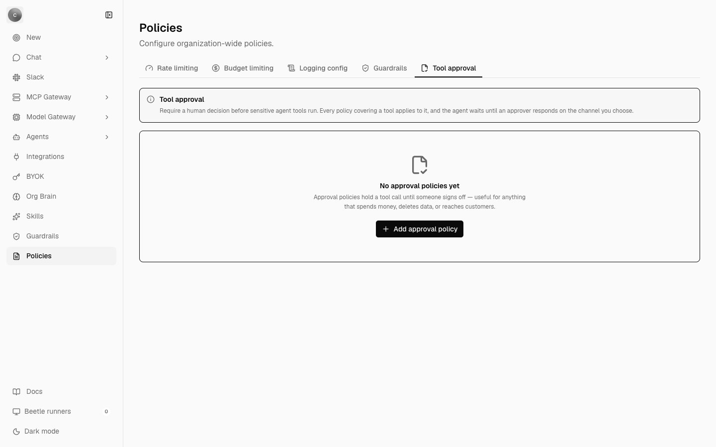 The Tool approval tab of the Policies page showing its description and an empty state reading No approval policies yet, with an Add approval policy button.