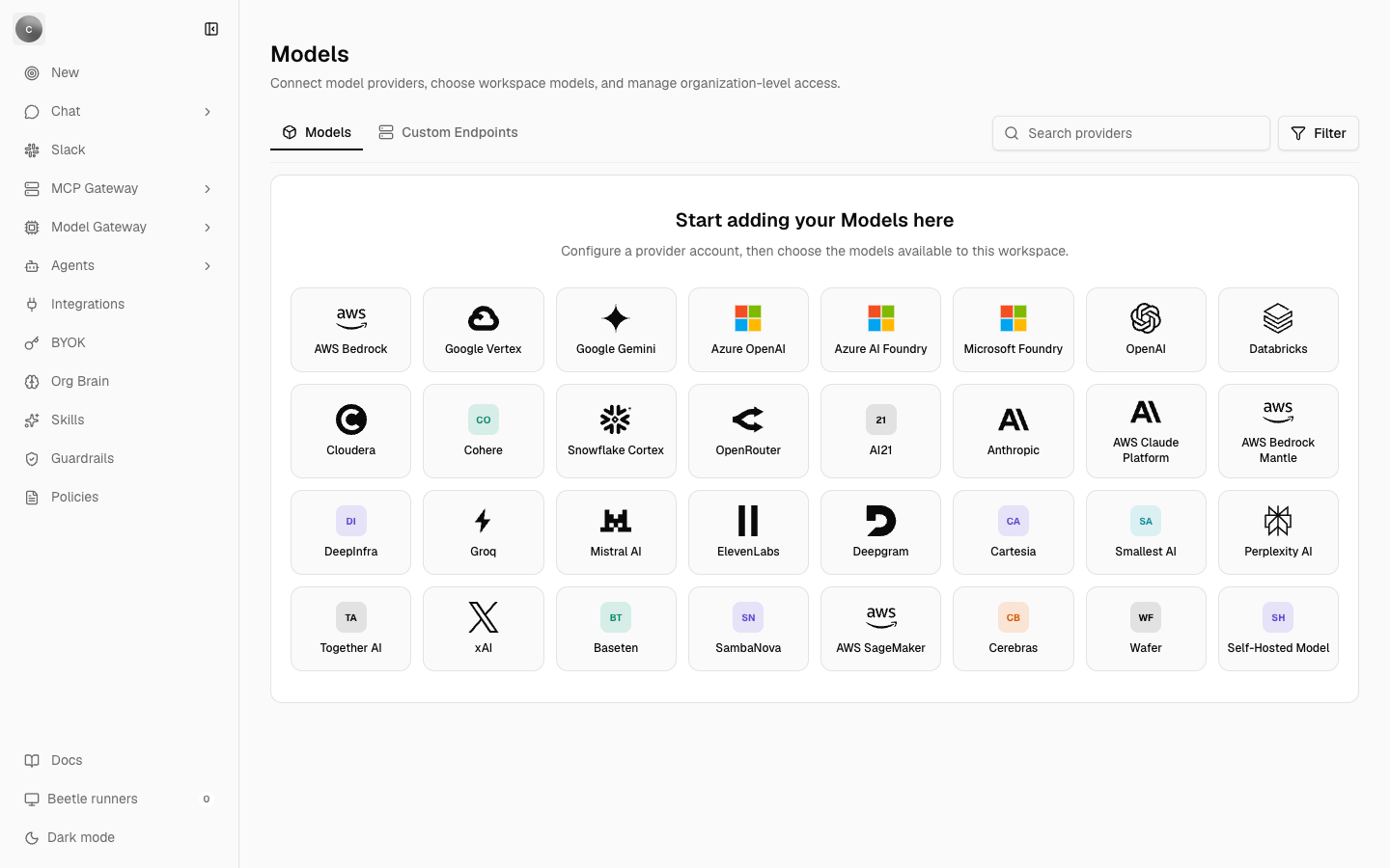 The Models page in organization settings, titled Models and described as Connect model providers, choose workspace models, and manage organization-level access; a Models tab and a Custom Endpoints tab sit above the Start adding your Models here empty state and a grid of 32 provider tiles including AWS Bedrock, OpenAI, Anthropic and Self-Hosted Model, with a Search providers box and a Filter toggle on the right and the Model Gateway area in the left sidebar.