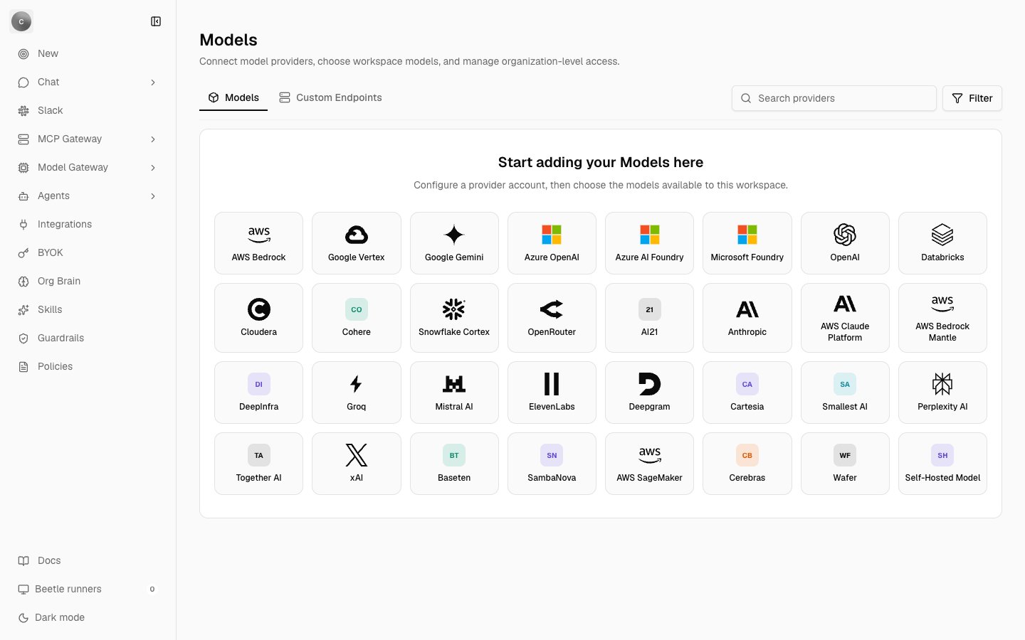 The Models page in organization settings, titled Models and described as Connect model providers, choose workspace models, and manage organization-level access; a Models tab and a Custom Endpoints tab sit above the Start adding your Models here empty state and a grid of 32 provider tiles including AWS Bedrock, OpenAI, Anthropic and Self-Hosted Model, with a Search providers box and a Filter toggle on the right and the Model Gateway area in the left sidebar.