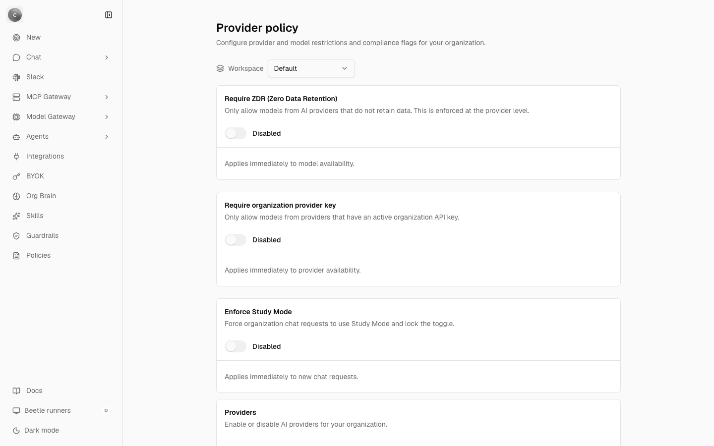 The Provider policy settings page showing the Require ZDR, Require organization provider key and Enforce Study Mode cards with their switches off, and the beginning of the Providers section below them.
