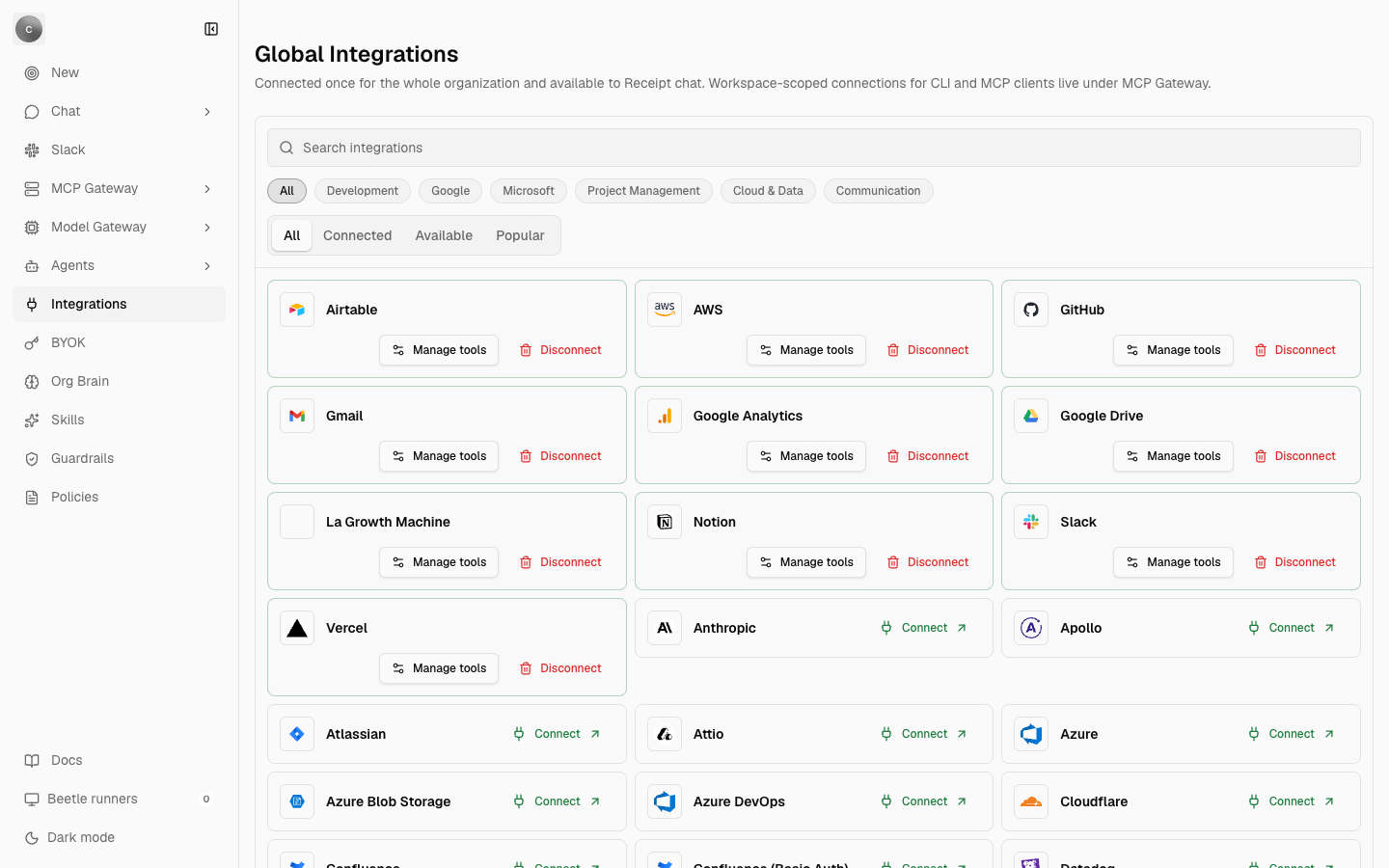 The Global Integrations page in Receipt, showing a search field, category chips, segmented tabs and a grid of integration cards, some connected with Manage tools and Disconnect actions and some offering Connect.