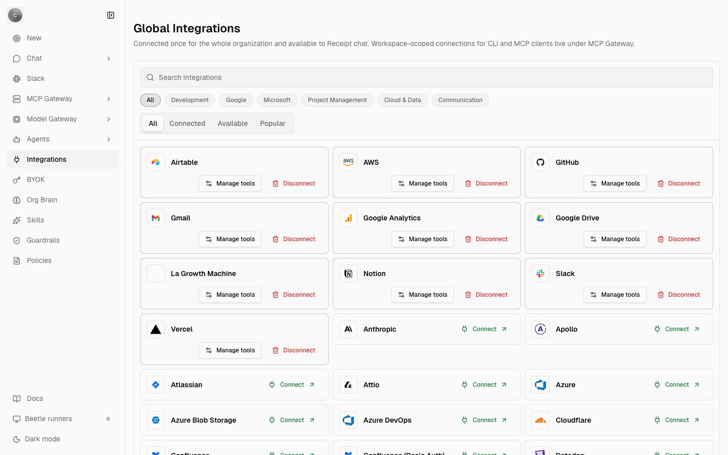 The Global Integrations page in Receipt, showing a search field, category chips, segmented tabs and a grid of integration cards, some connected with Manage tools and Disconnect actions and some offering Connect.
