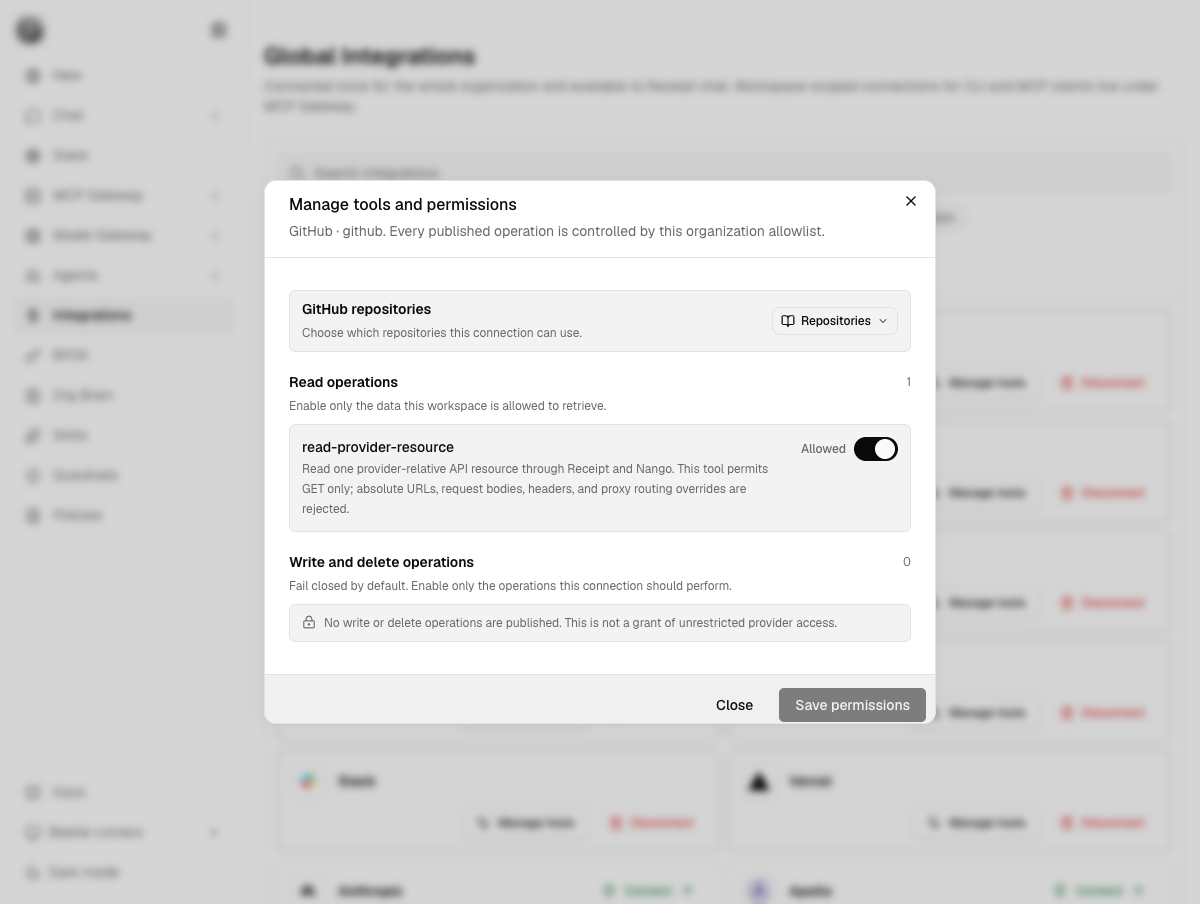 The Manage tools and permissions dialog for a GitHub connection, showing a GitHub repositories section above one allowed read operation.