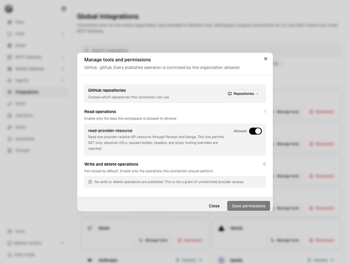 The Manage tools and permissions dialog for a GitHub connection, showing a GitHub repositories section above one allowed read operation.
