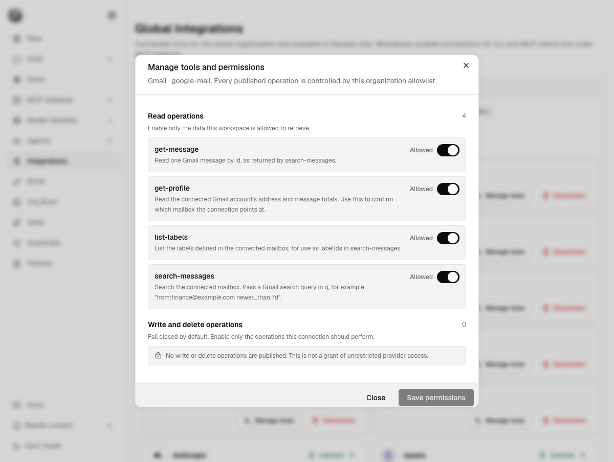 The Manage tools and permissions dialog for a Gmail connection, listing four allowed read operations and no write operations.