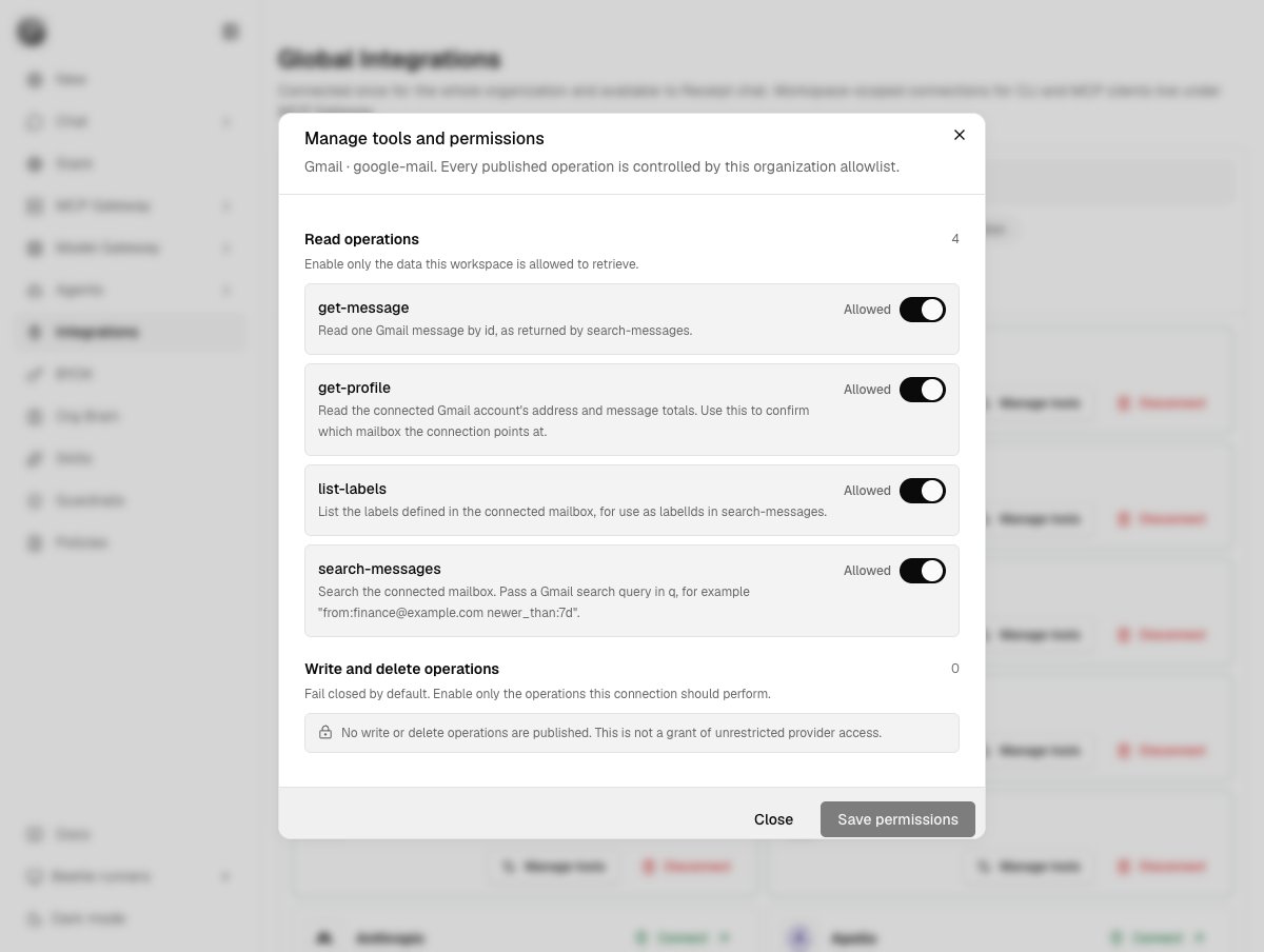 The Manage tools and permissions dialog for a Gmail connection, listing four allowed read operations and no write operations.