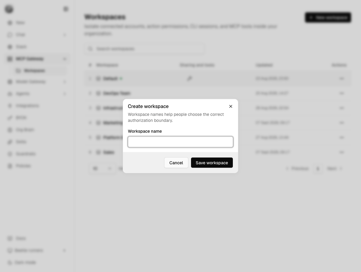 A Create workspace dialog containing a Workspace name field, a Cancel button and a Save workspace button, over a blurred Workspaces page.