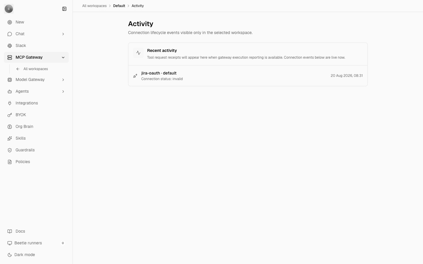 The Activity page for the Default workspace, showing a Recent activity panel with its caveat text and one connection row reading jira-oauth, default and Connection status: invalid.