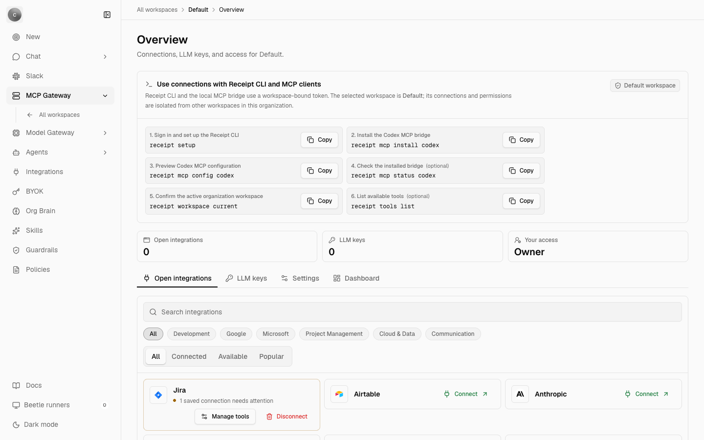 The workspace Overview page showing the setup panel with six numbered receipt commands, tiles reading Open integrations 0, LLM keys 0 and Your access Owner, the Open integrations / LLM keys / Settings / Dashboard tabs, and integration cards for Jira, Airtable and Anthropic.