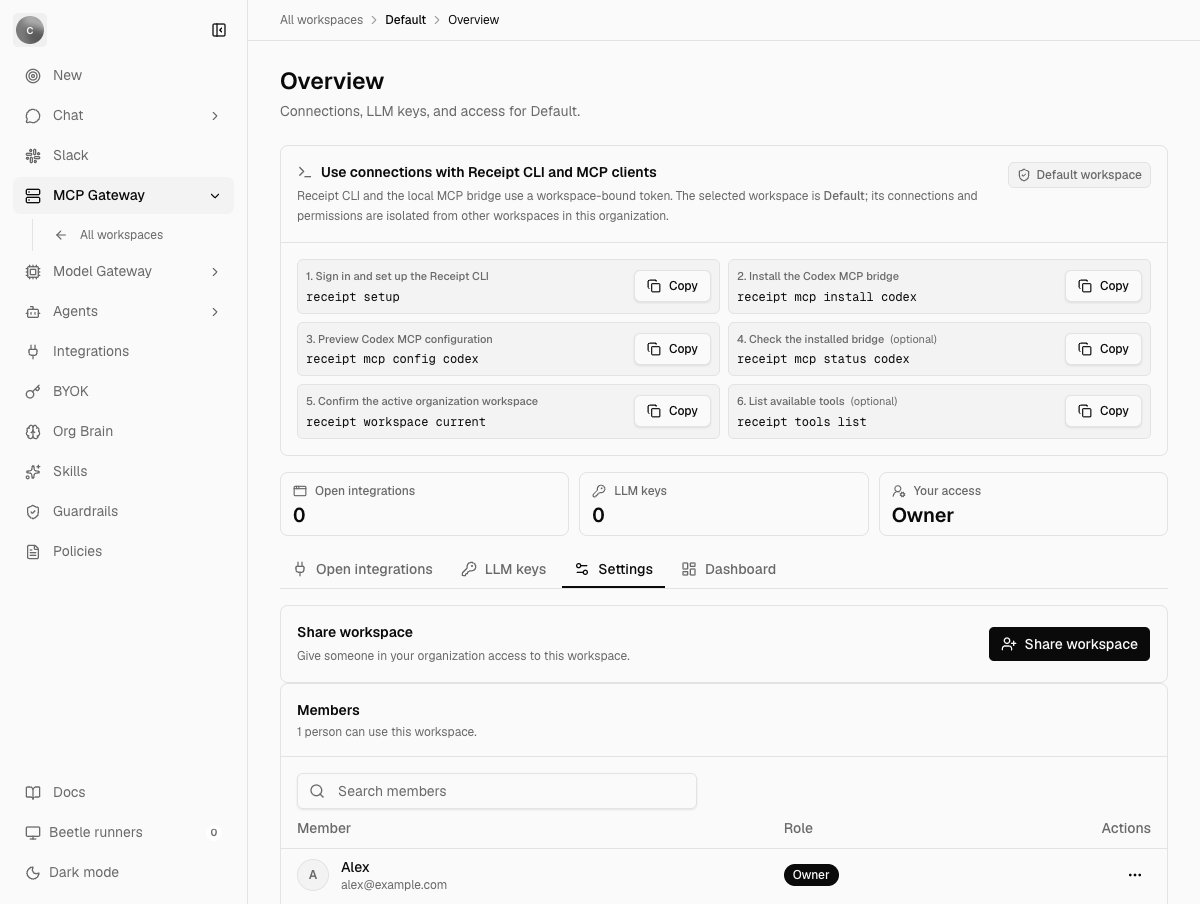 The Overview page for the Default workspace, showing the Receipt CLI setup panel, tiles for Open integrations, LLM keys and Your access, a tab strip of Open integrations, LLM keys, Settings and Dashboard, and a Members table with one owner.