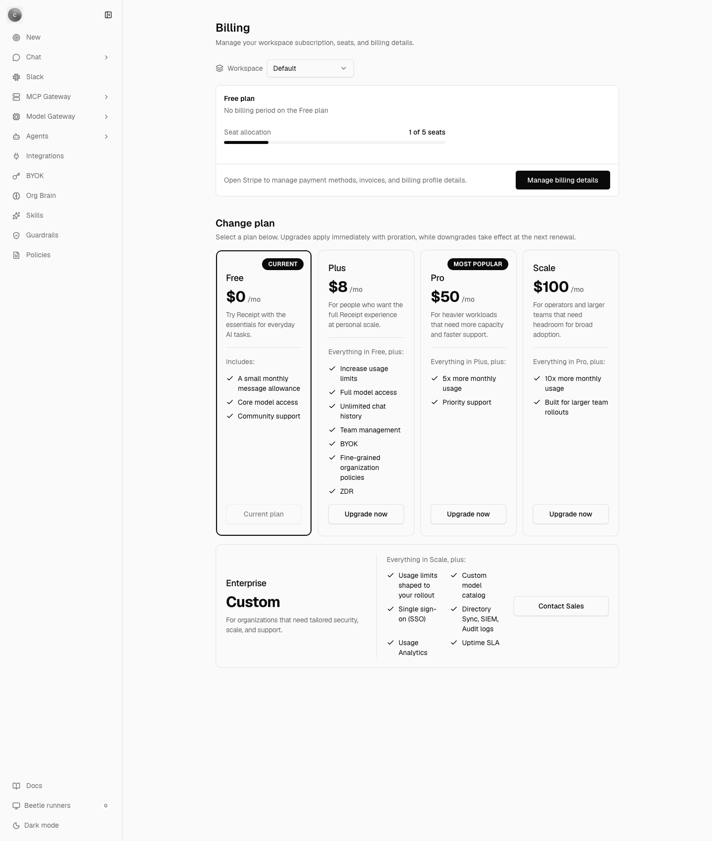 The Billing page showing a Free plan summary card, a seat allocation bar reading 1 of 5 seats, a Manage billing details button, the Free, Plus, Pro and Scale cards under a Change plan heading with their monthly prices and feature lists, and an Enterprise band priced Custom beneath them.