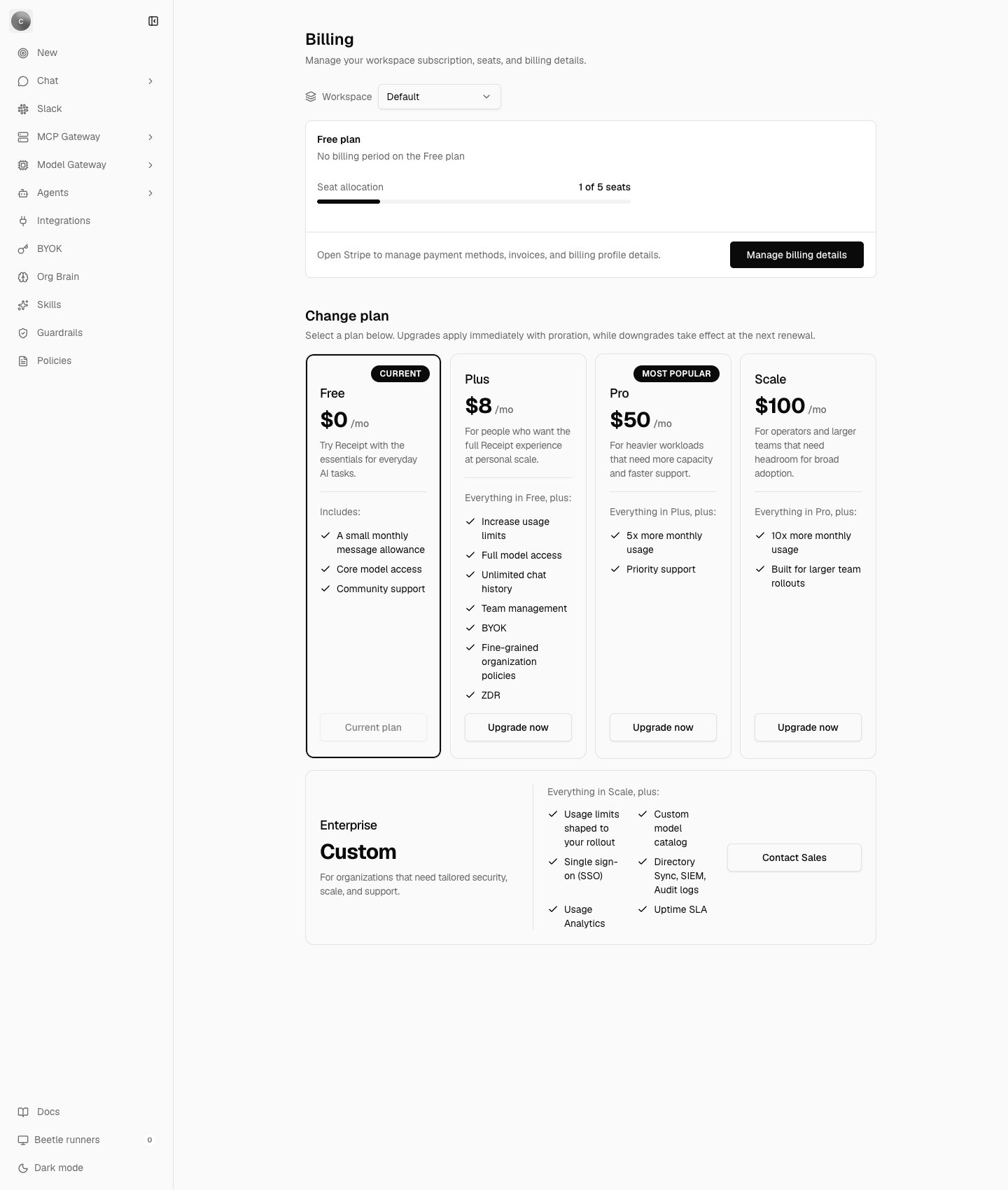 The Billing page showing a Free plan summary card, a seat allocation bar reading 1 of 5 seats, a Manage billing details button, the Free, Plus, Pro and Scale cards under a Change plan heading with their monthly prices and feature lists, and an Enterprise band priced Custom beneath them.