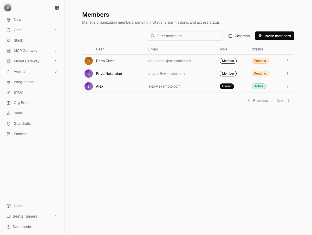 The Members table with three rows — Dana Chen and Priya Natarajan, both Member and Pending, then Alex, Owner and Active — under User, Email, Role and Status columns, beside a Filter members box, a Columns control and an Invite members button.