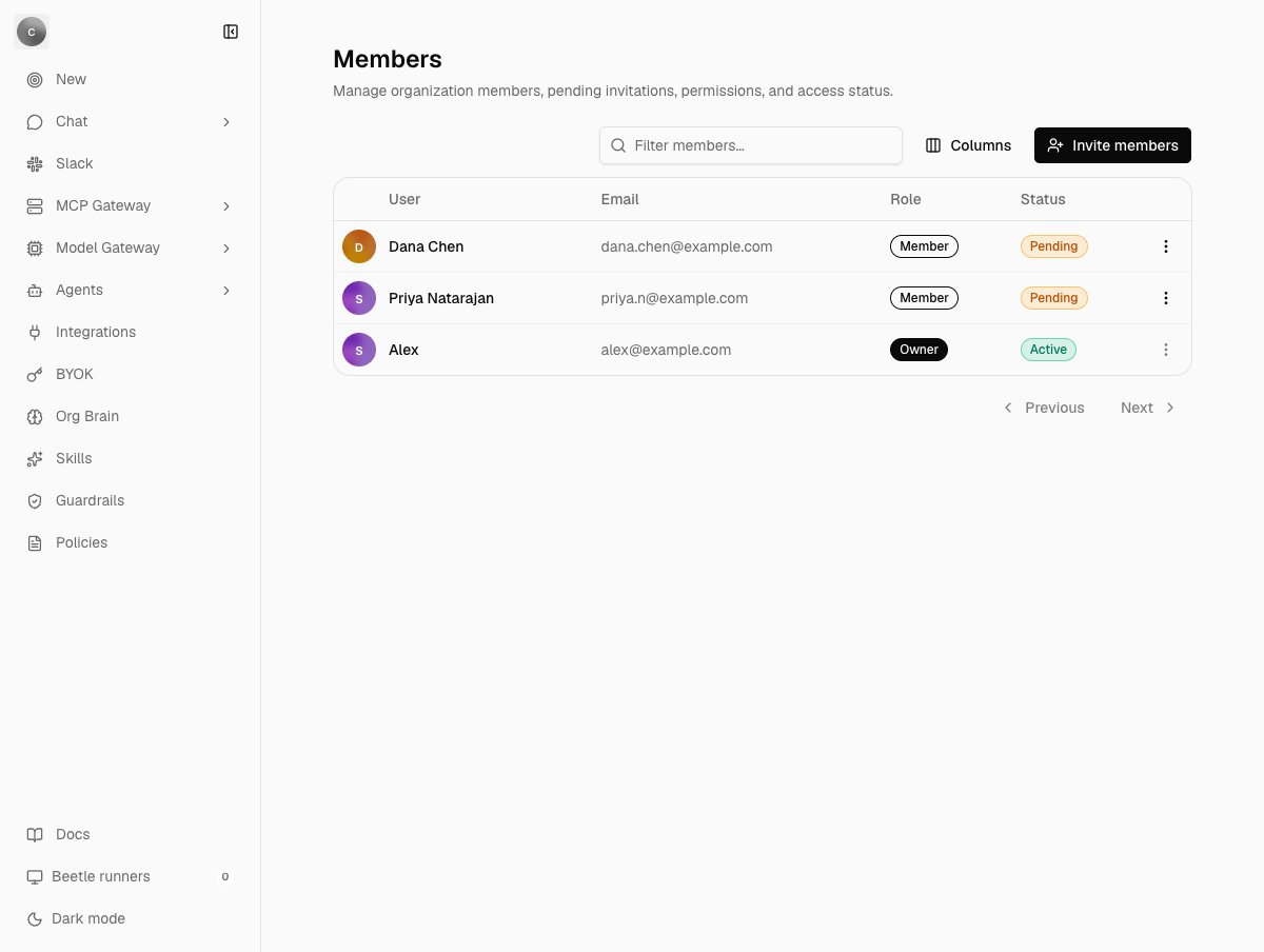 The Members table with three rows — Dana Chen and Priya Natarajan, both Member and Pending, then Alex, Owner and Active — under User, Email, Role and Status columns, beside a Filter members box, a Columns control and an Invite members button.