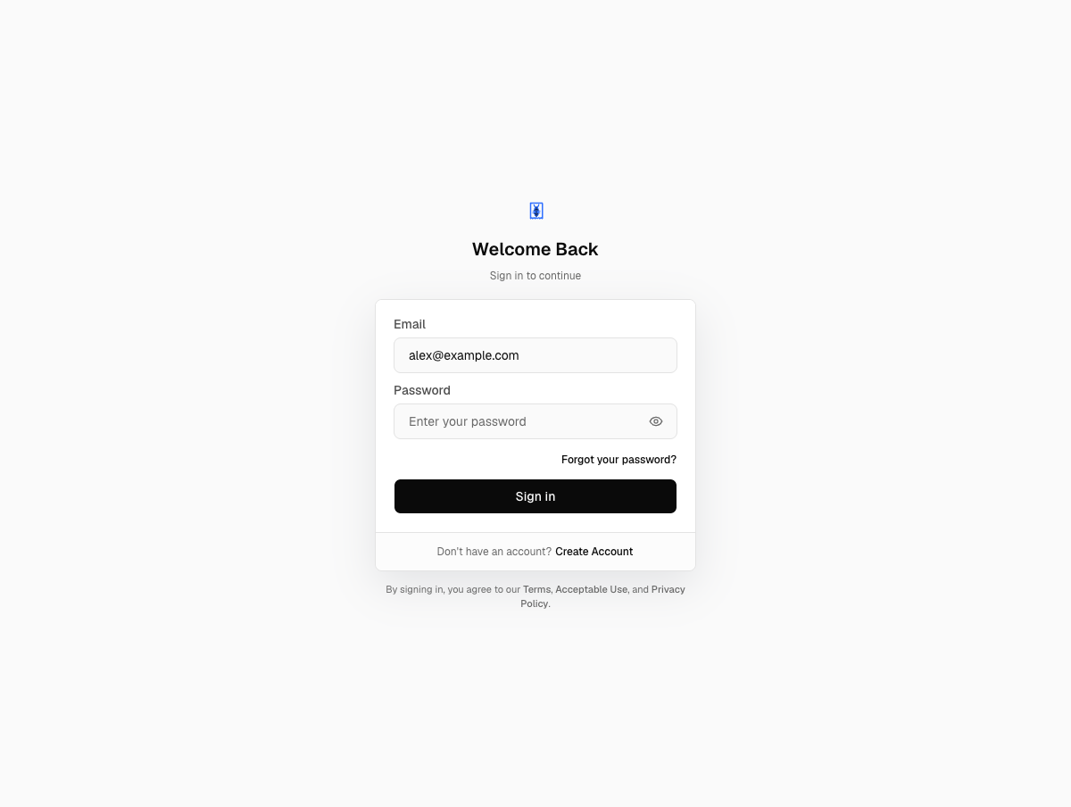The Welcome Back sign-in page, headed Sign in to continue, with an Email field holding the example address alex@example.com, an empty Password field showing the placeholder Enter your password, a Forgot your password link, a Sign in button and a Create Account link below it.