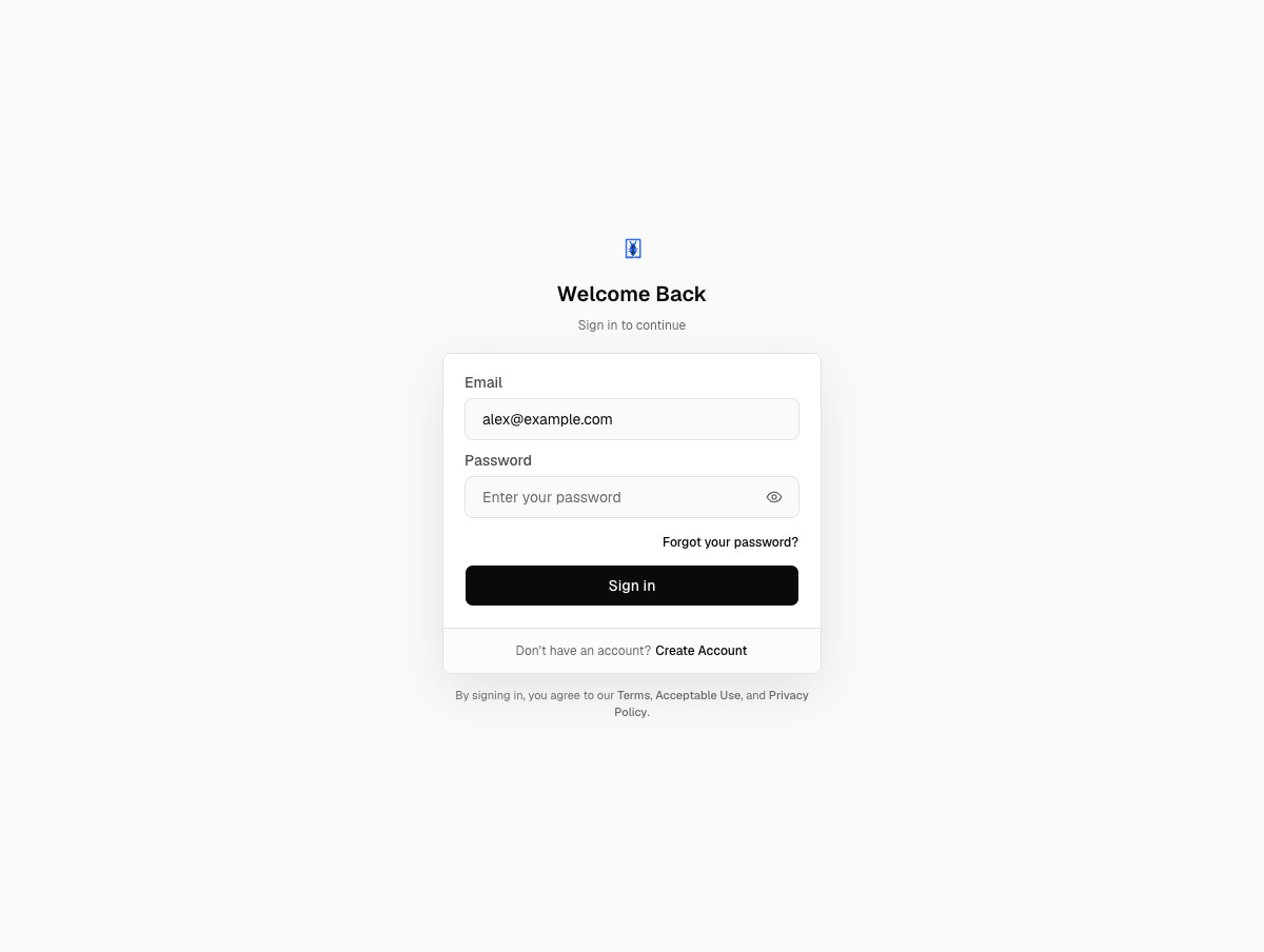 The Welcome Back sign-in page, headed Sign in to continue, with an Email field holding the example address alex@example.com, an empty Password field showing the placeholder Enter your password, a Forgot your password link, a Sign in button and a Create Account link below it.