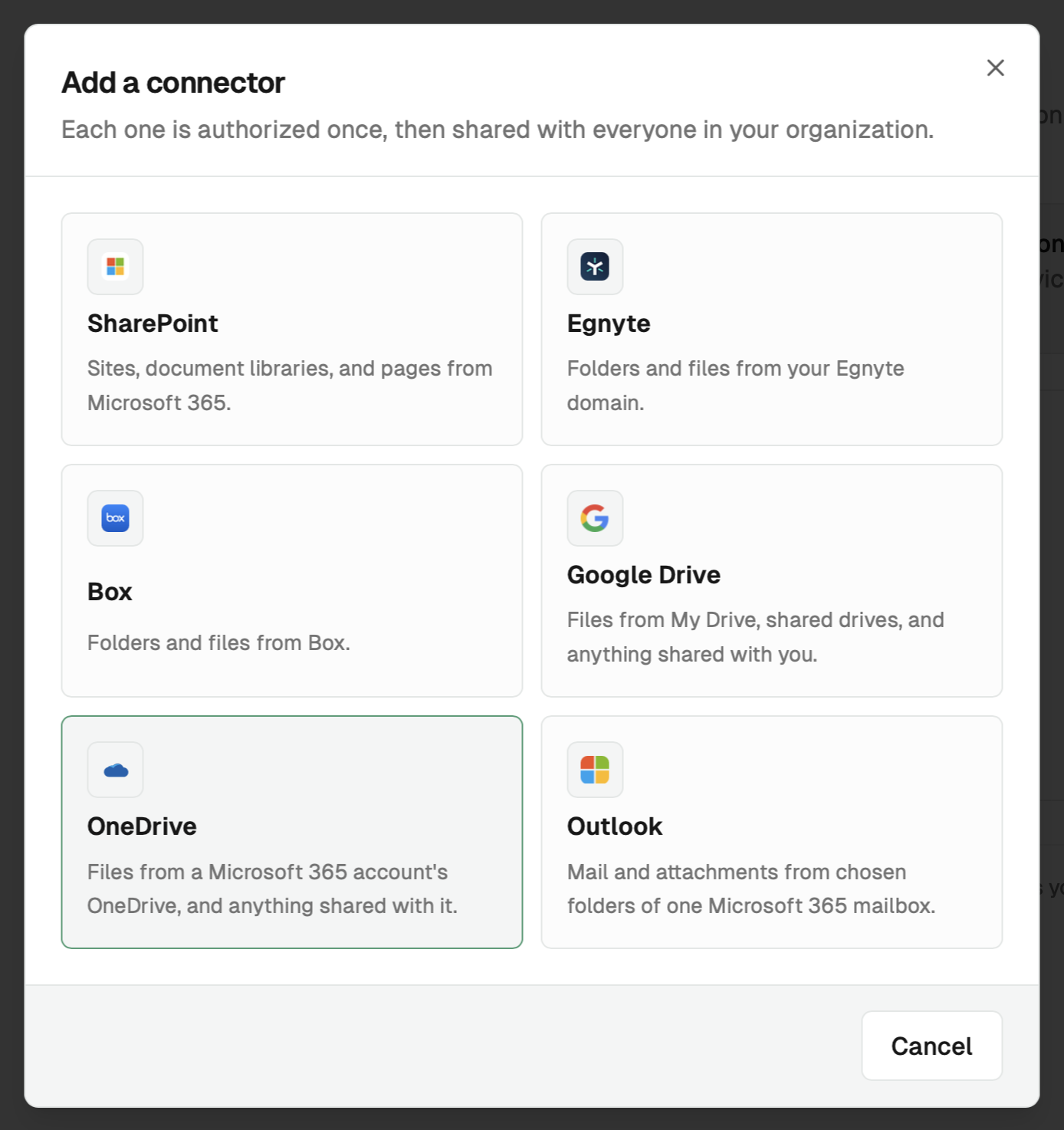 Add a connector dialog listing SharePoint, Egnyte, Box, Google Drive, OneDrive, and Outlook