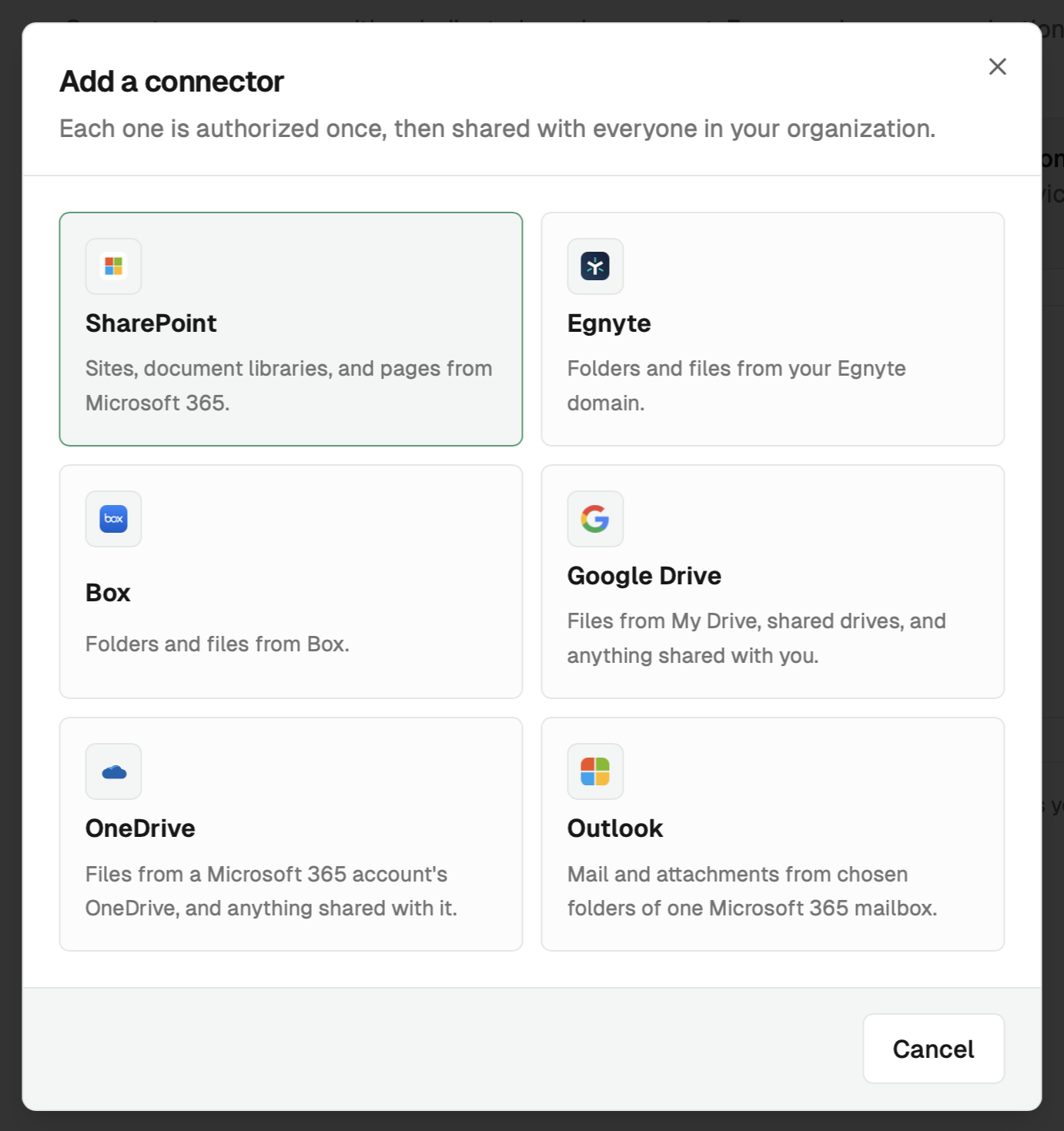 Add a connector dialog listing SharePoint, Egnyte, Box, Google Drive, OneDrive, and Outlook