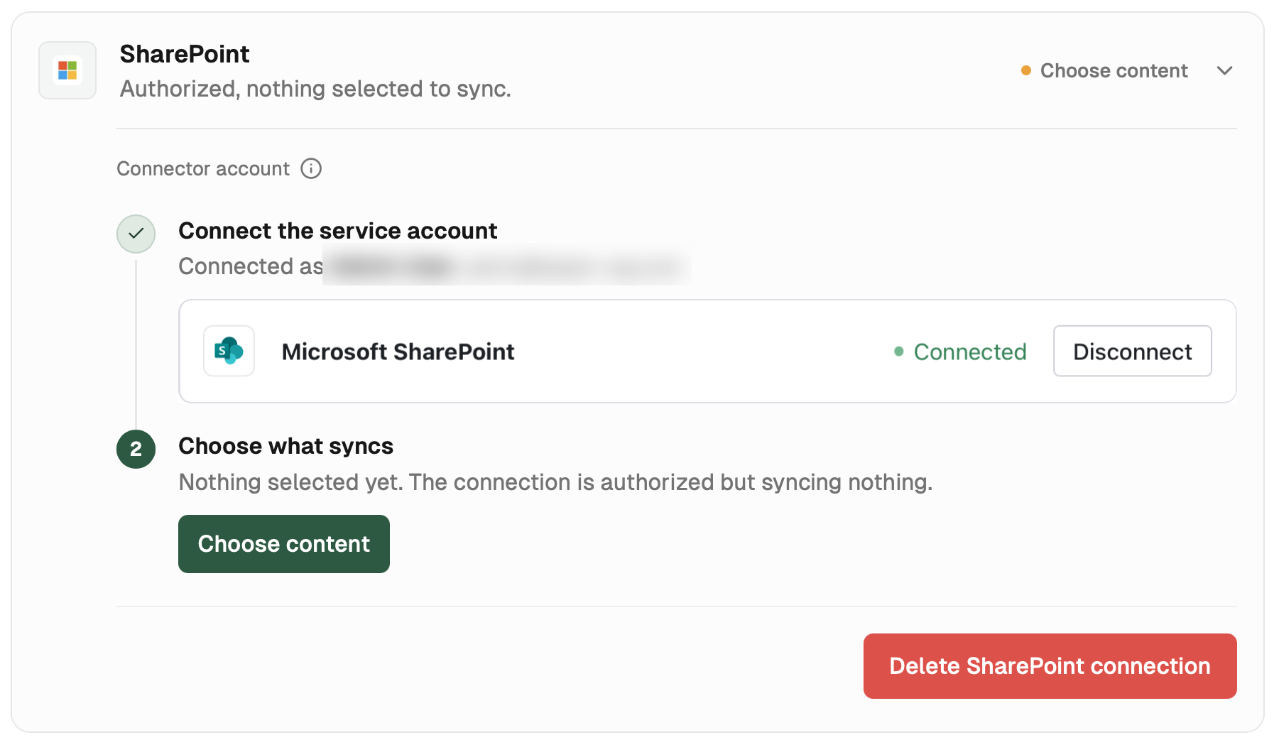SharePoint row after connecting, with the account connected and a Choose content button