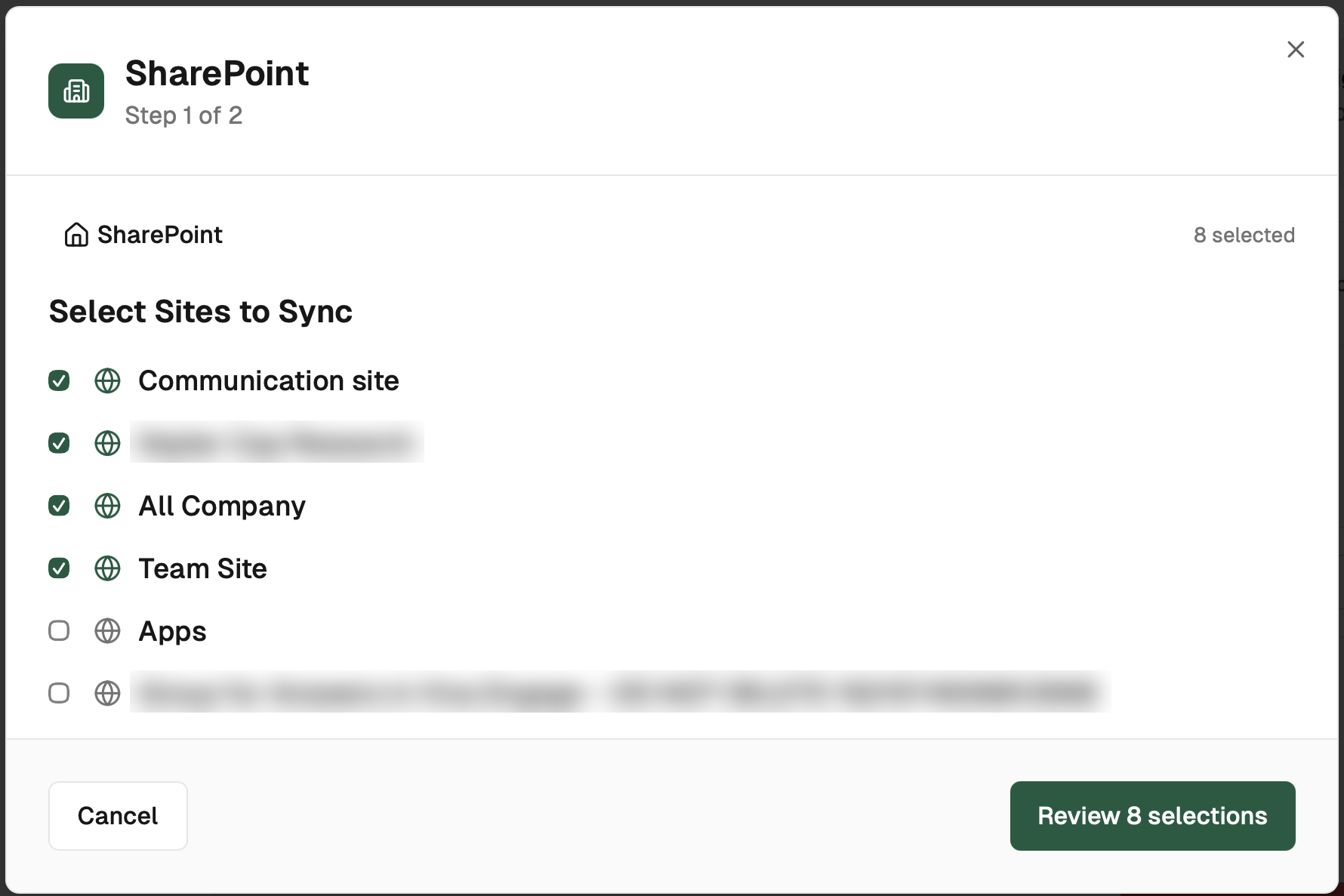 SharePoint content picker listing sites, with four sites selected