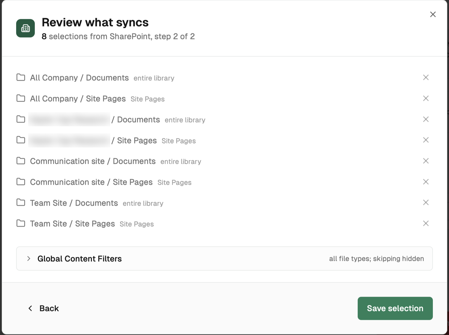 Review what syncs dialog listing the Documents library and Site Pages of each selected site, the Global Content Filters, and a Save selection button