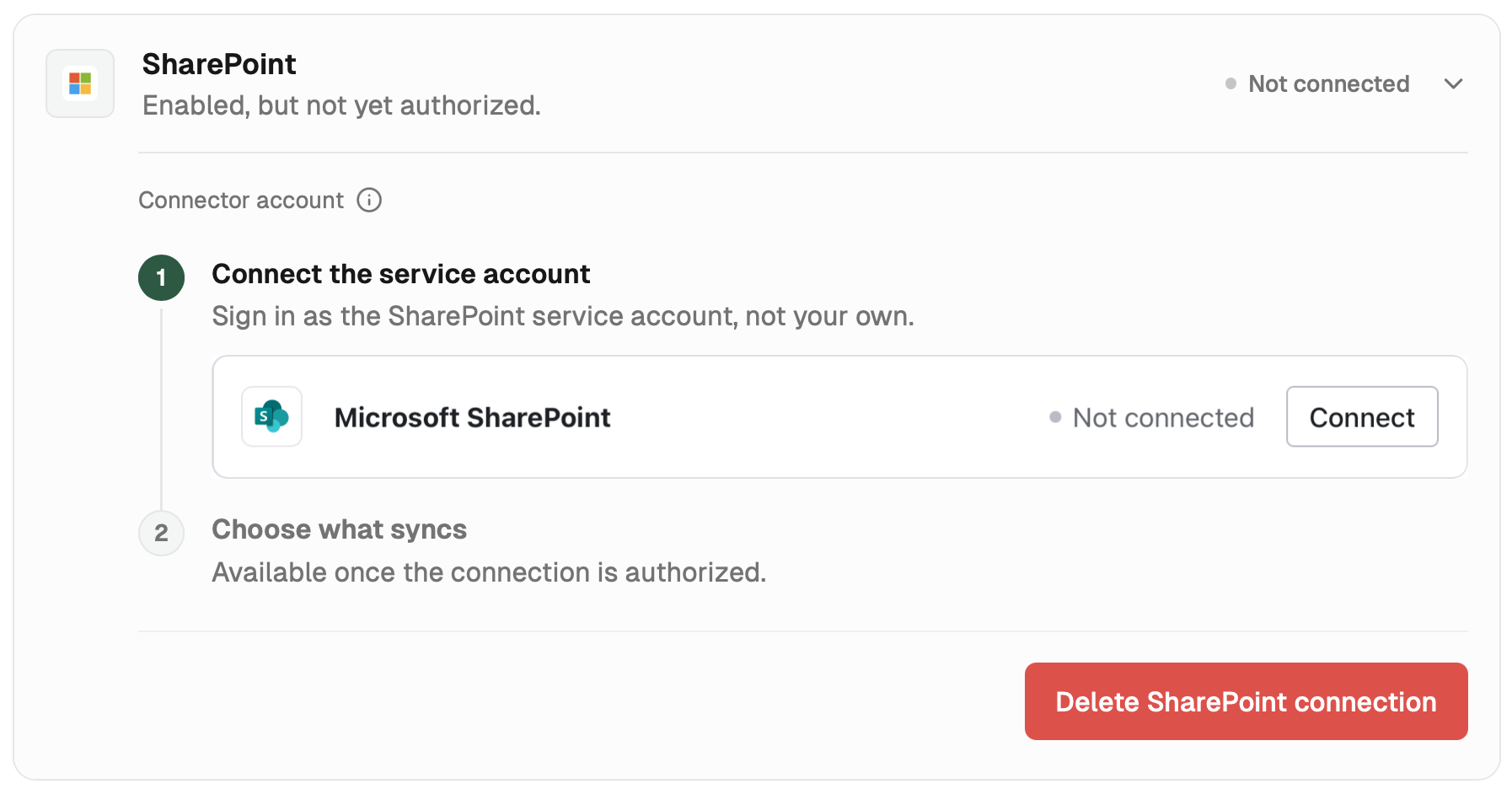 SharePoint row showing two steps: connect the service account, and choose what syncs