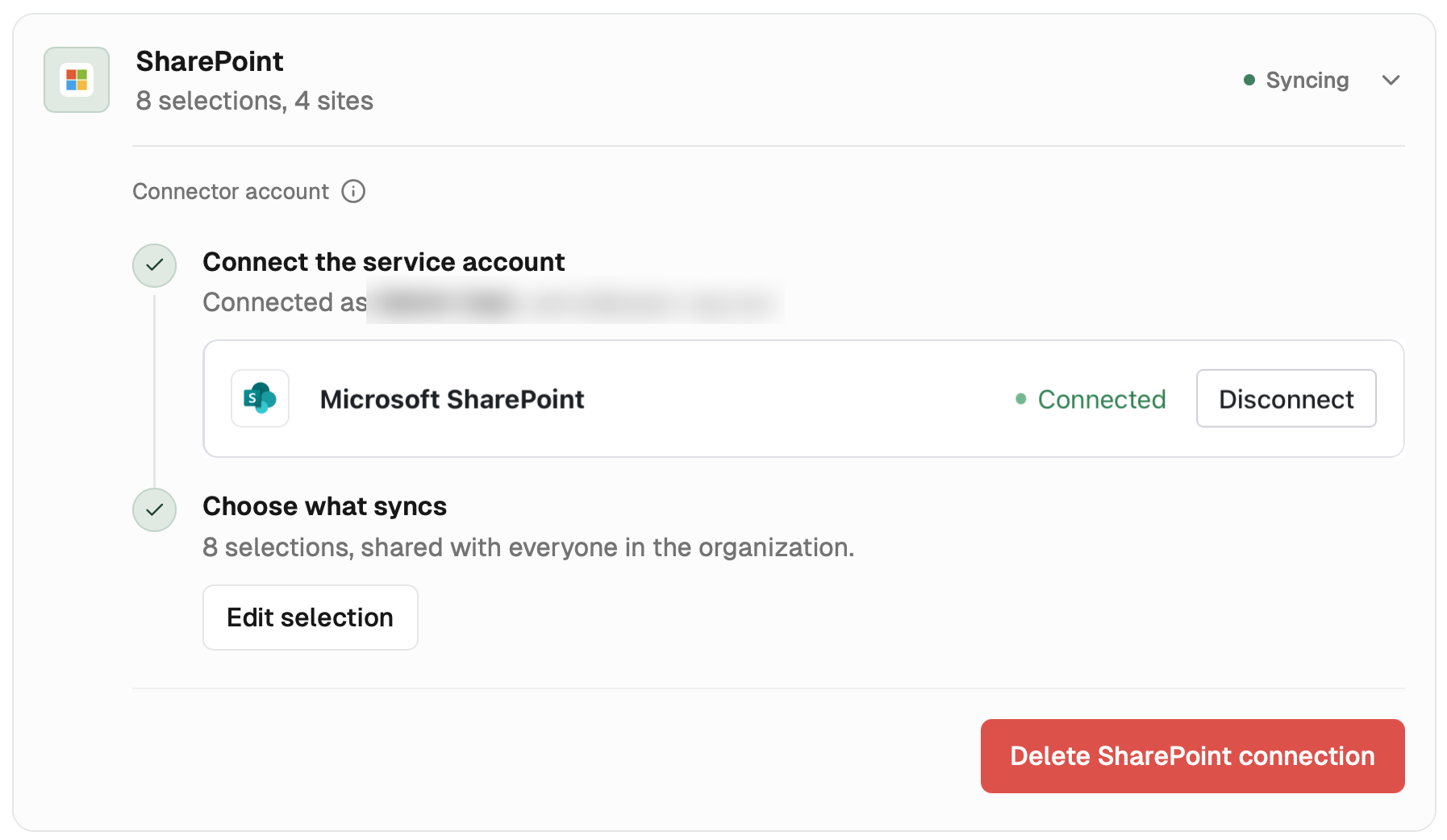 SharePoint row with the status Syncing and an Edit selection button