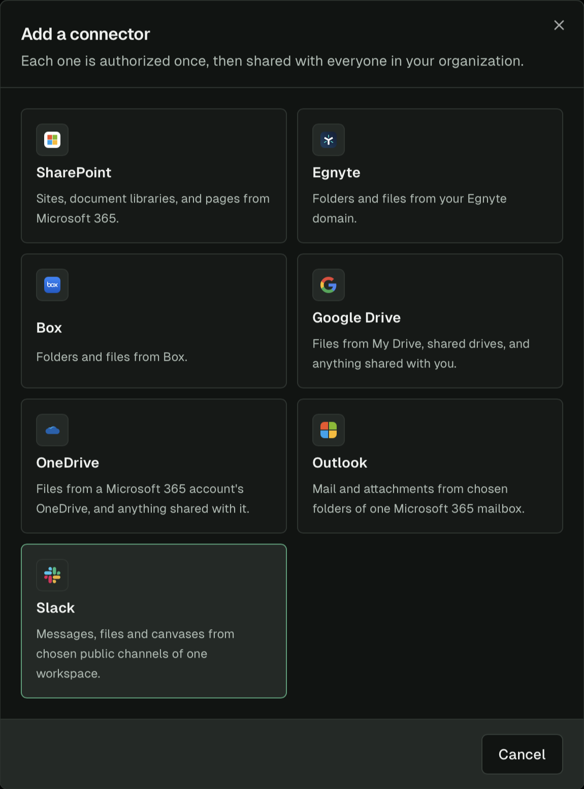 Add a connector dialog with Slack selected