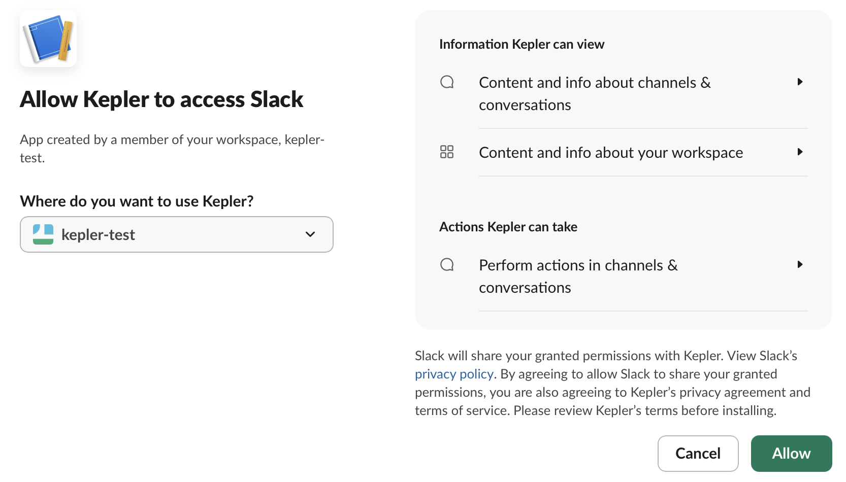 Slack's Allow Kepler to access Slack page with the workspace selected and an Allow button