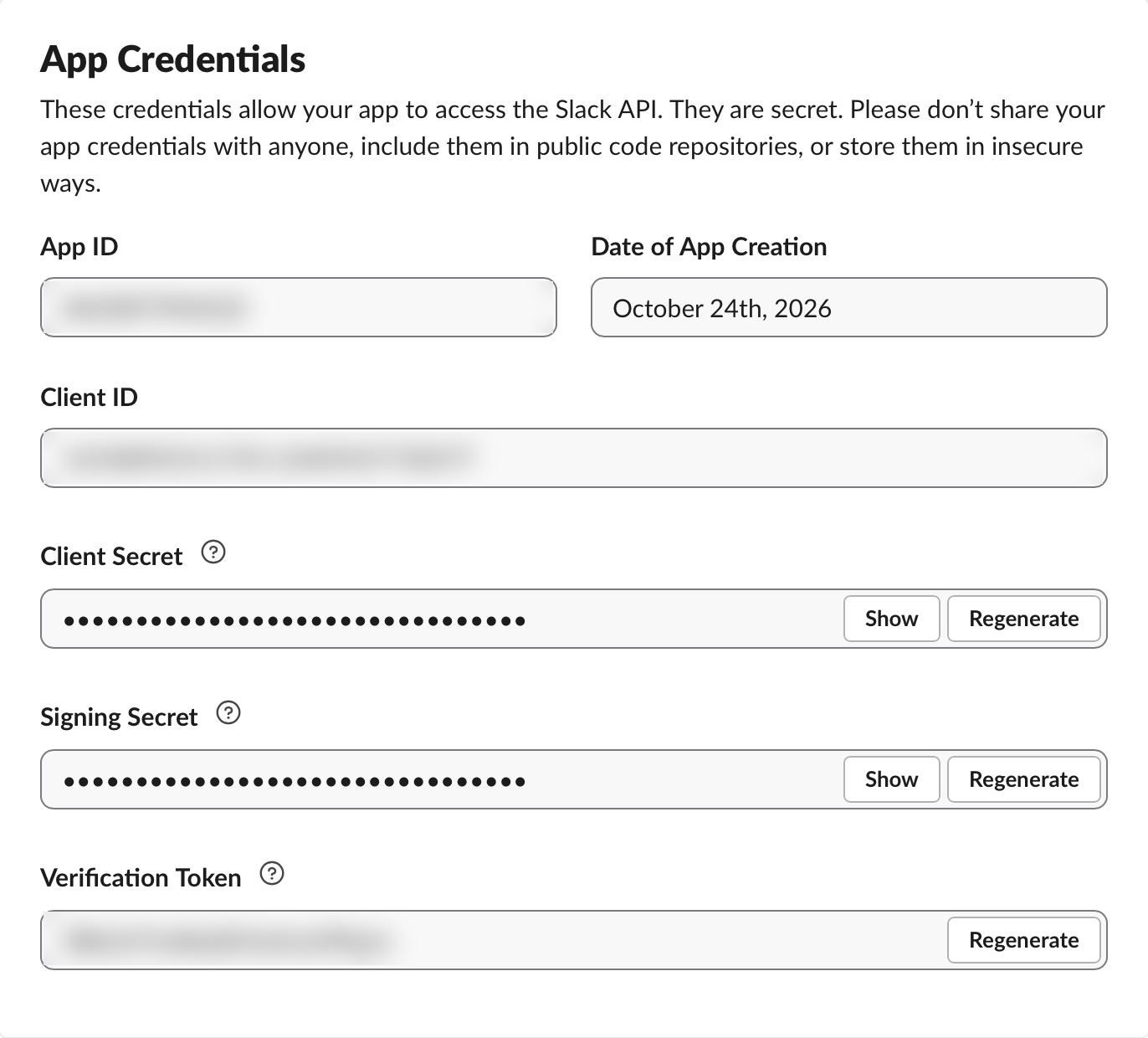 Slack's App Credentials section with the Client ID, Client Secret, and Signing Secret
