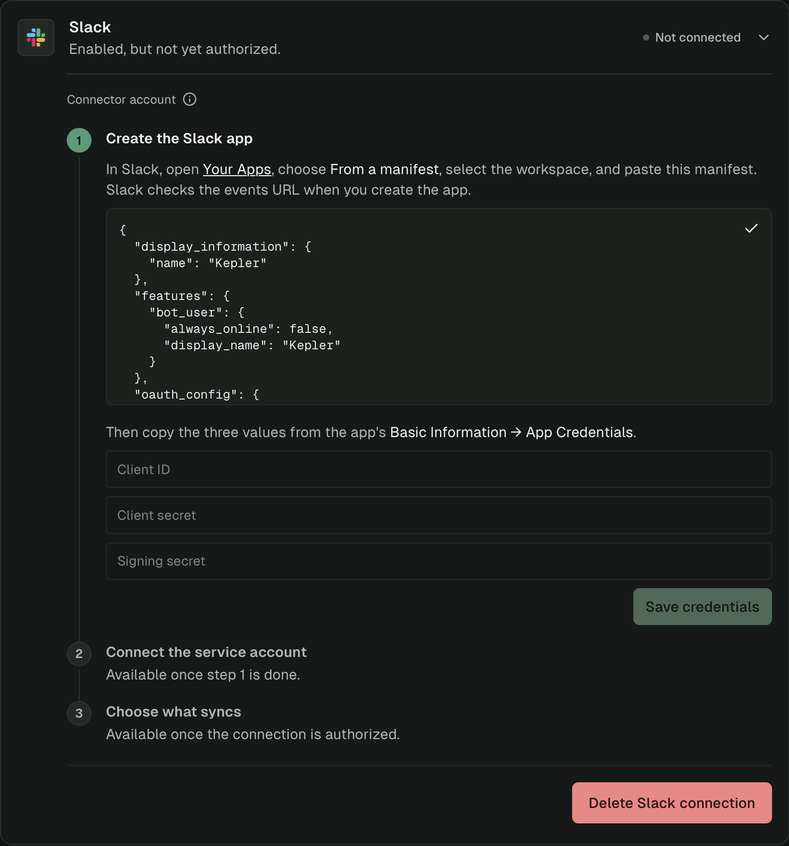 Slack row showing three steps: create the Slack app, connect the service account, and choose what syncs. The first step shows a manifest and fields for the app's credentials