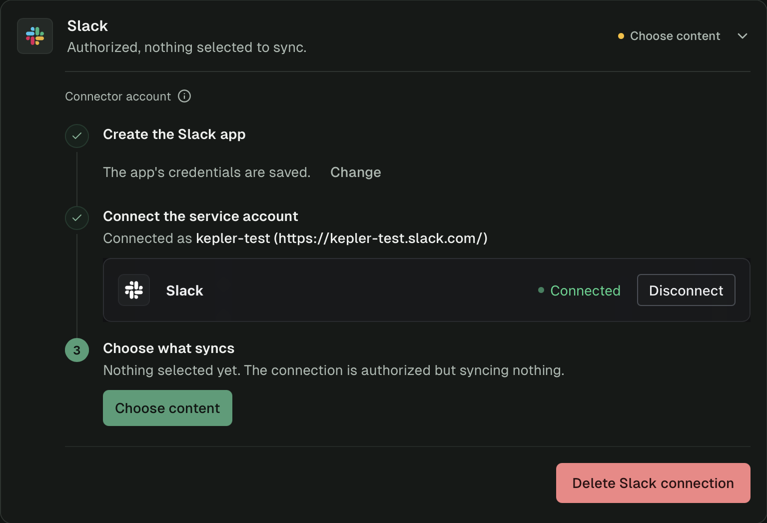 Slack row after connecting, with the workspace connected and a Choose content button