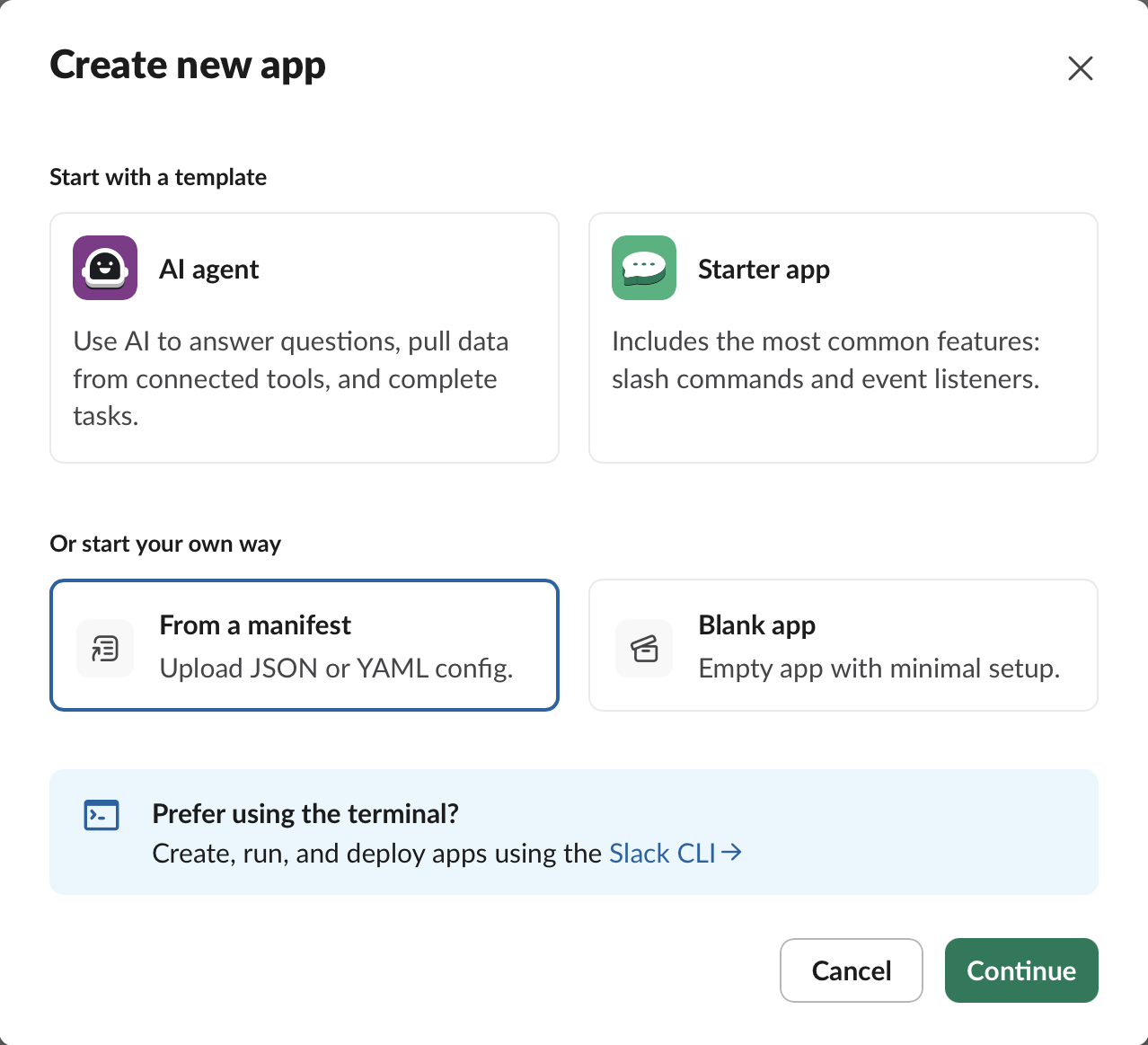 Slack's Create new app dialog with From a manifest selected