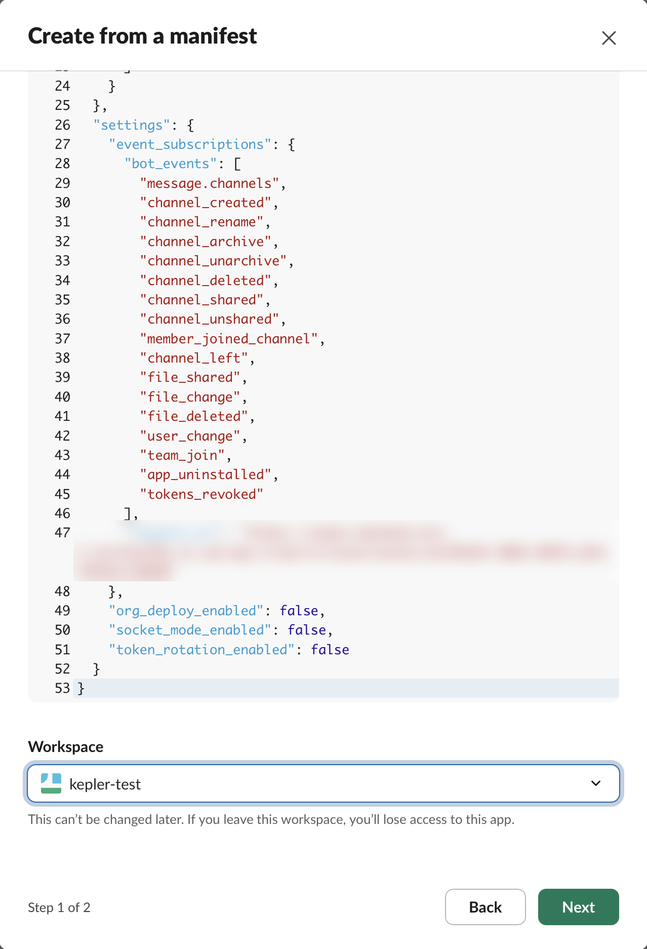 Slack's Create from a manifest dialog with the pasted manifest and the workspace selected