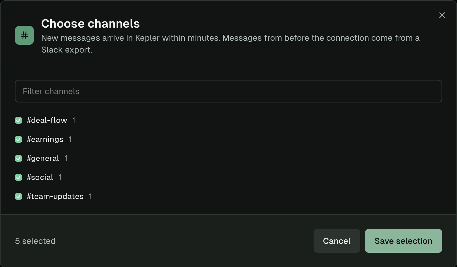 Choose channels dialog listing five channels, all selected